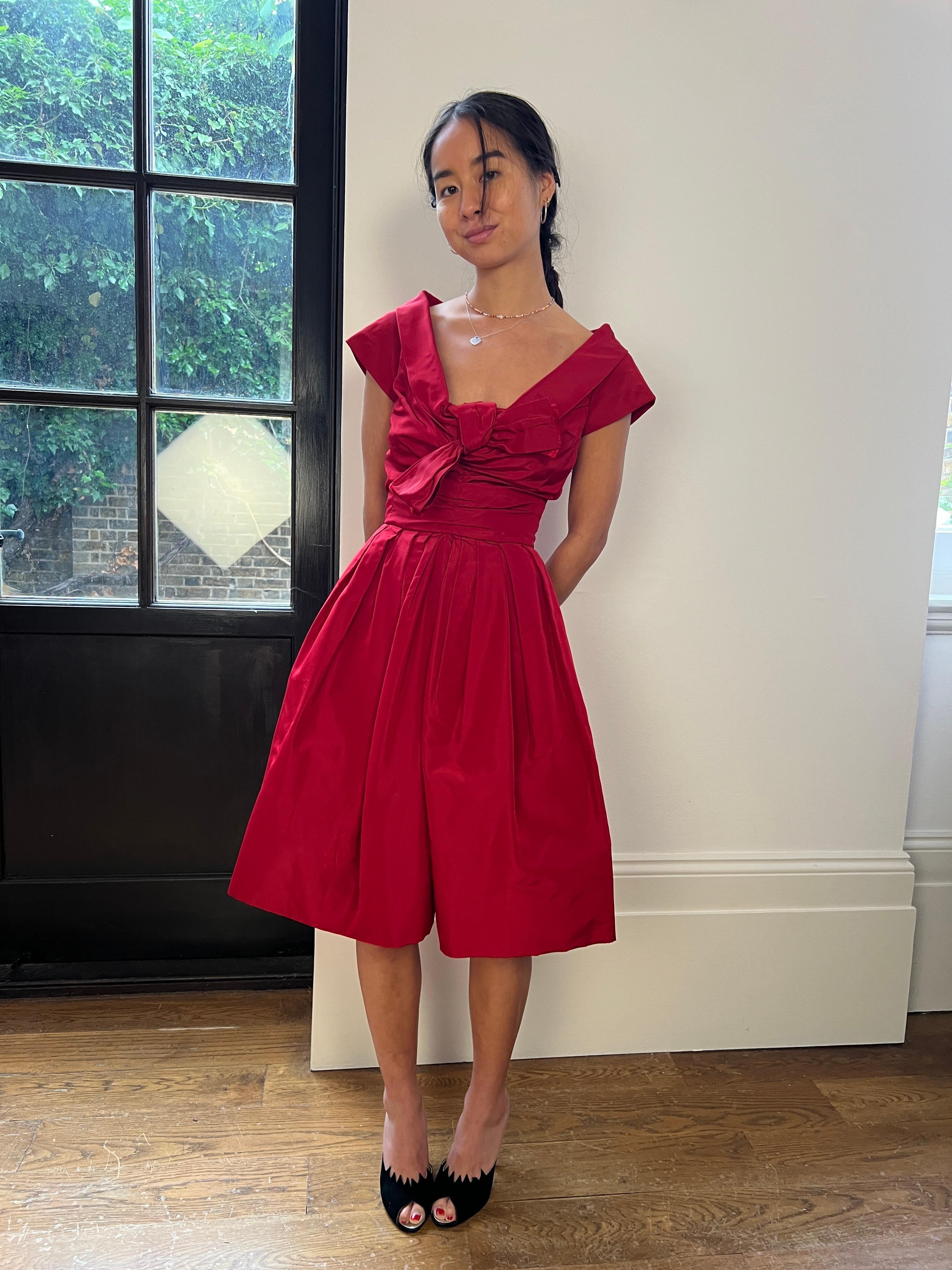 1950s Red Silk Off-The-Shoulder Dress For Sale 1