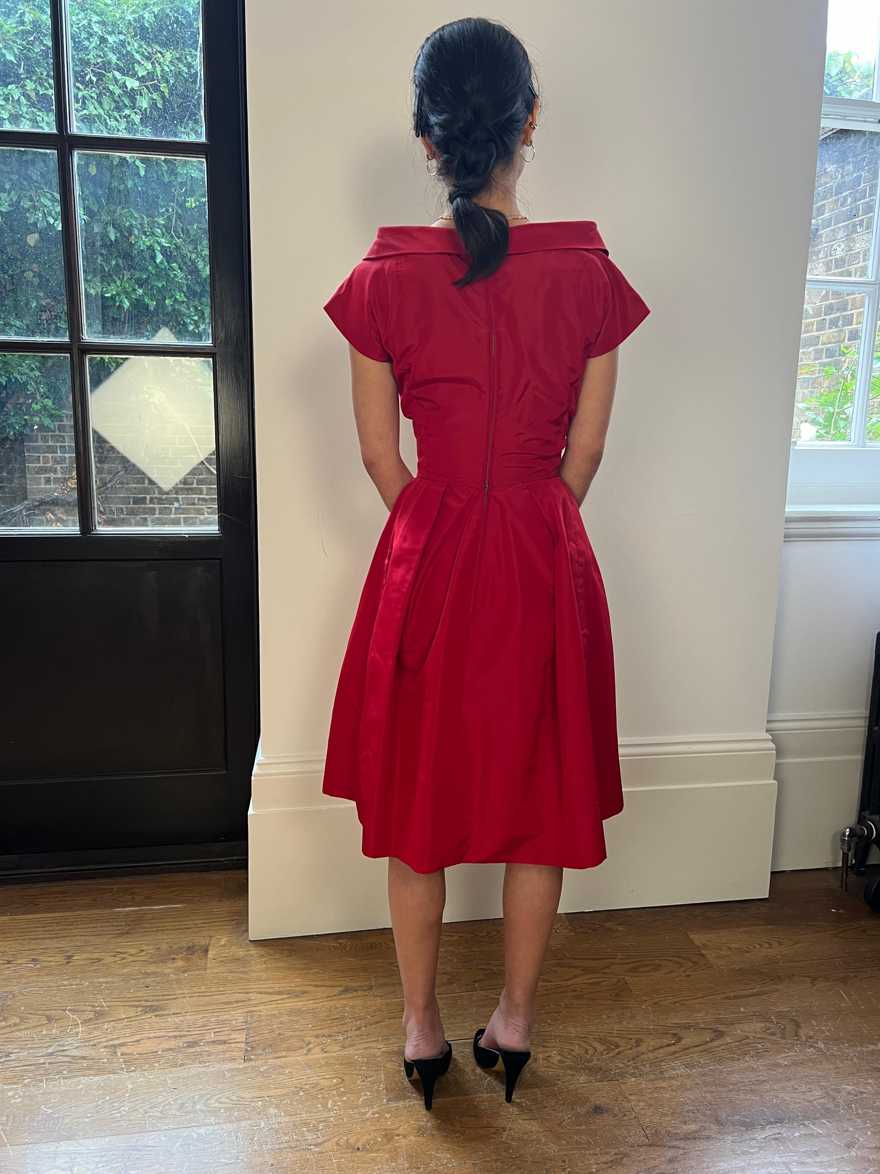 1950s Red Silk Off-The-Shoulder Dress For Sale 2
