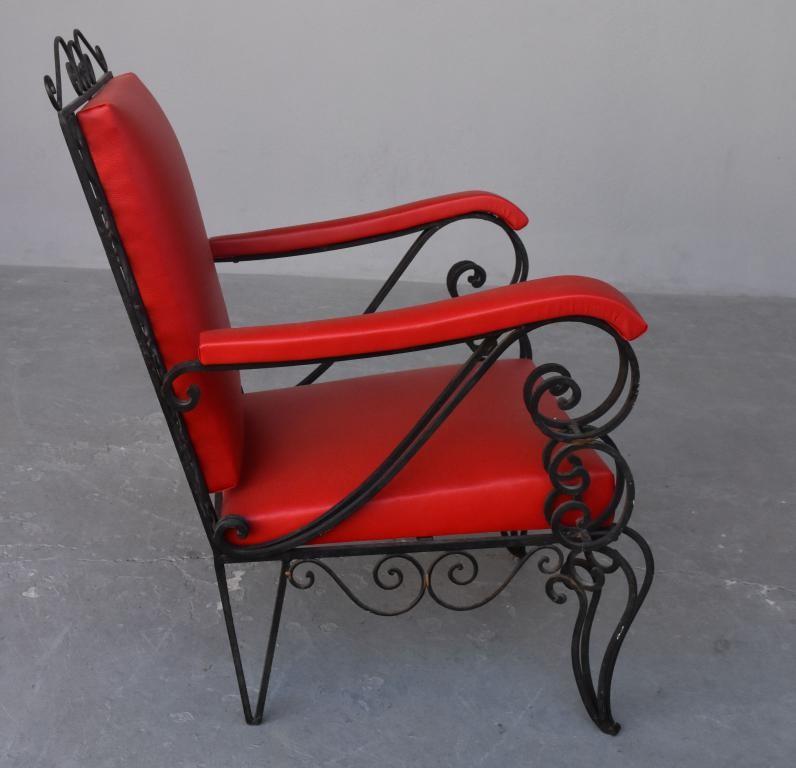 French 1950s Red Skaï Covered Wrought Iron Armchairs For Sale