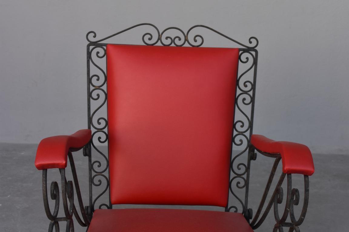 1950s Red Skaï Covered Wrought Iron Armchairs In Fair Condition For Sale In Marseille, FR