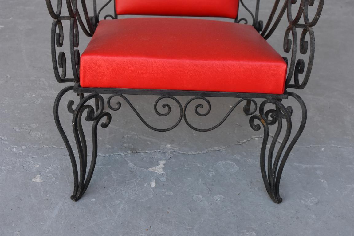 Mid-20th Century 1950s Red Skaï Covered Wrought Iron Armchairs For Sale