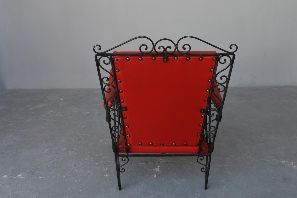 1950s Red Skaï Covered Wrought Iron Armchairs For Sale 1