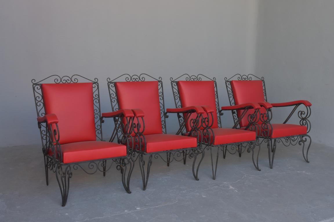1950s Red Skaï Covered Wrought Iron Armchairs For Sale 3