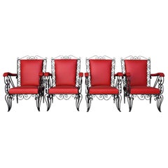 Retro 1950s Red Skaï Covered Wrought Iron Armchairs