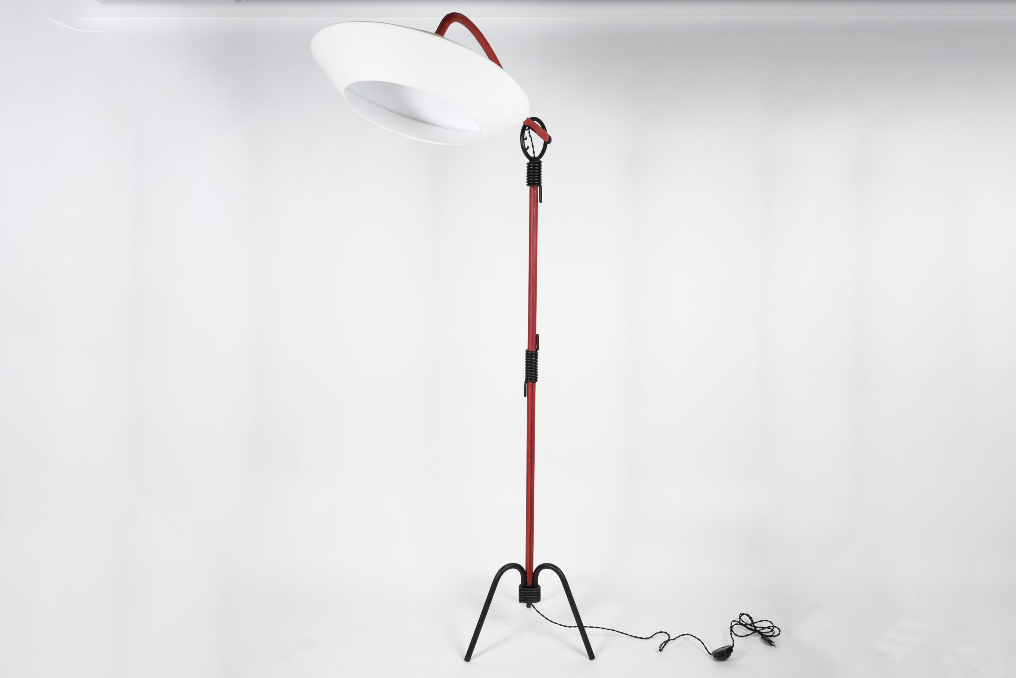 Mid-20th Century 1950s Red Stitched Leather Floor Lamp by Jacques Adnet For Sale