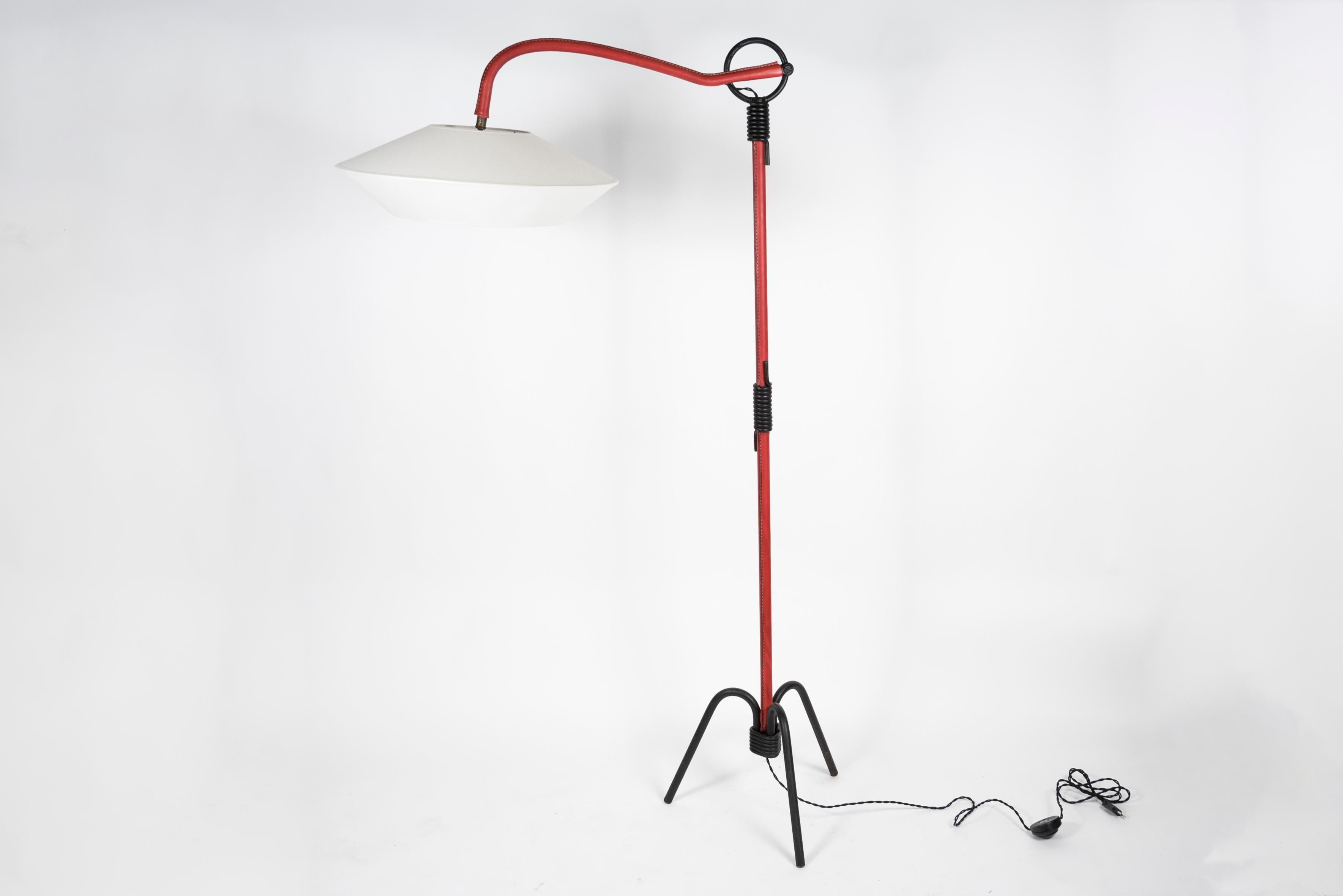 Metal 1950s Red Stitched Leather Floor Lamp by Jacques Adnet For Sale