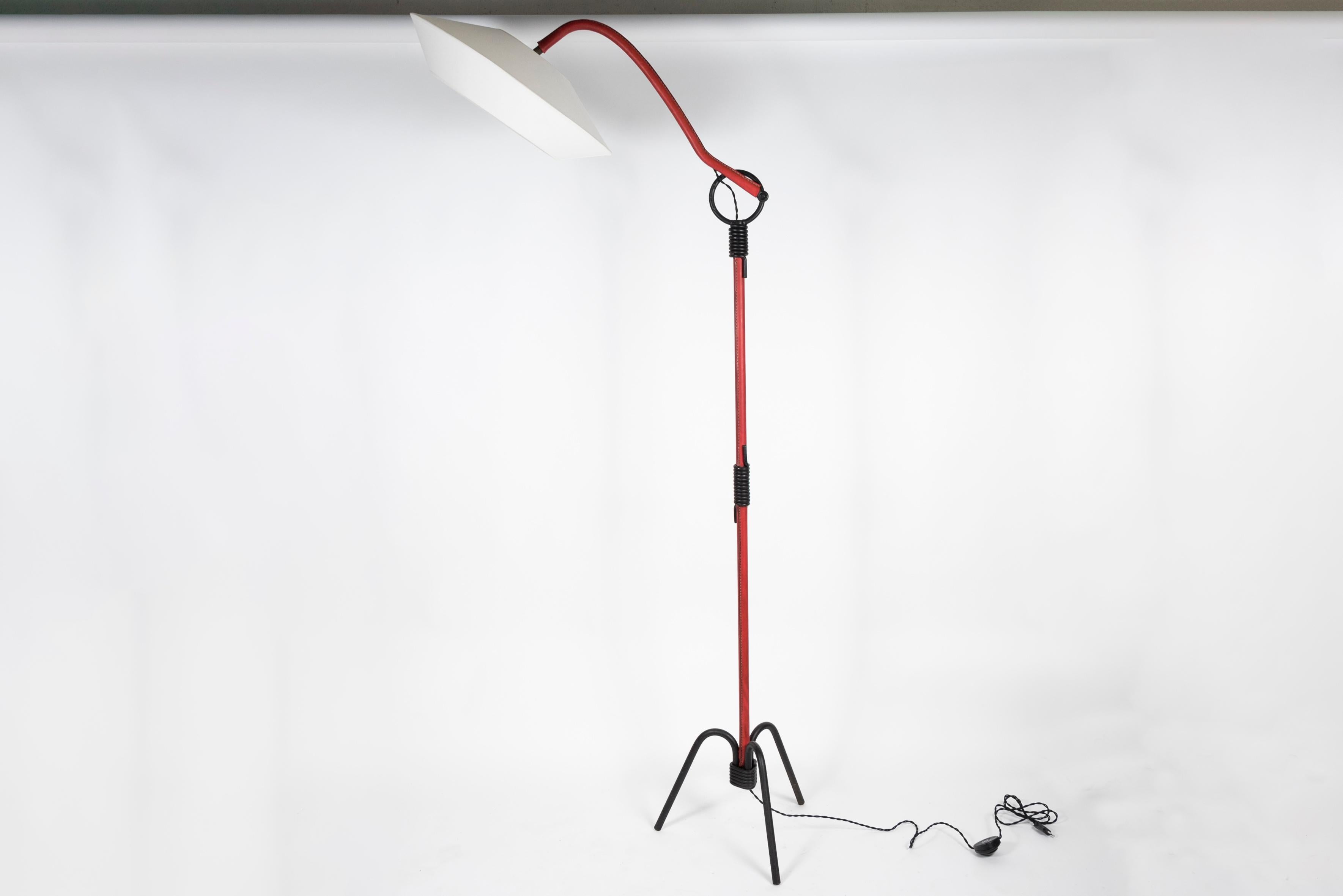 1950s Red Stitched Leather Floor Lamp by Jacques Adnet For Sale 1