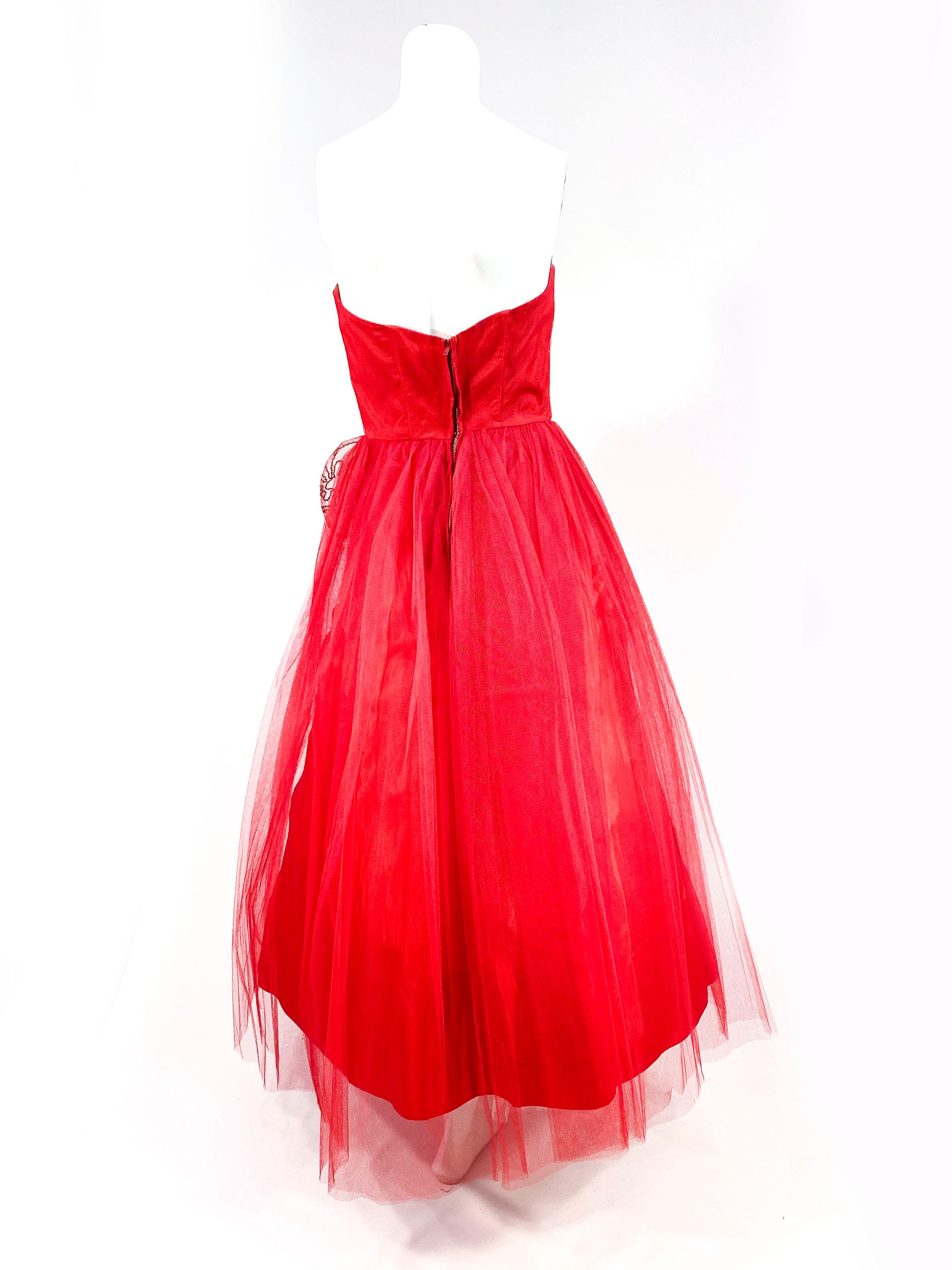 1950s Red Tulle Party Dress with Metallic Embroidered Petal Accents In Good Condition In San Francisco, CA