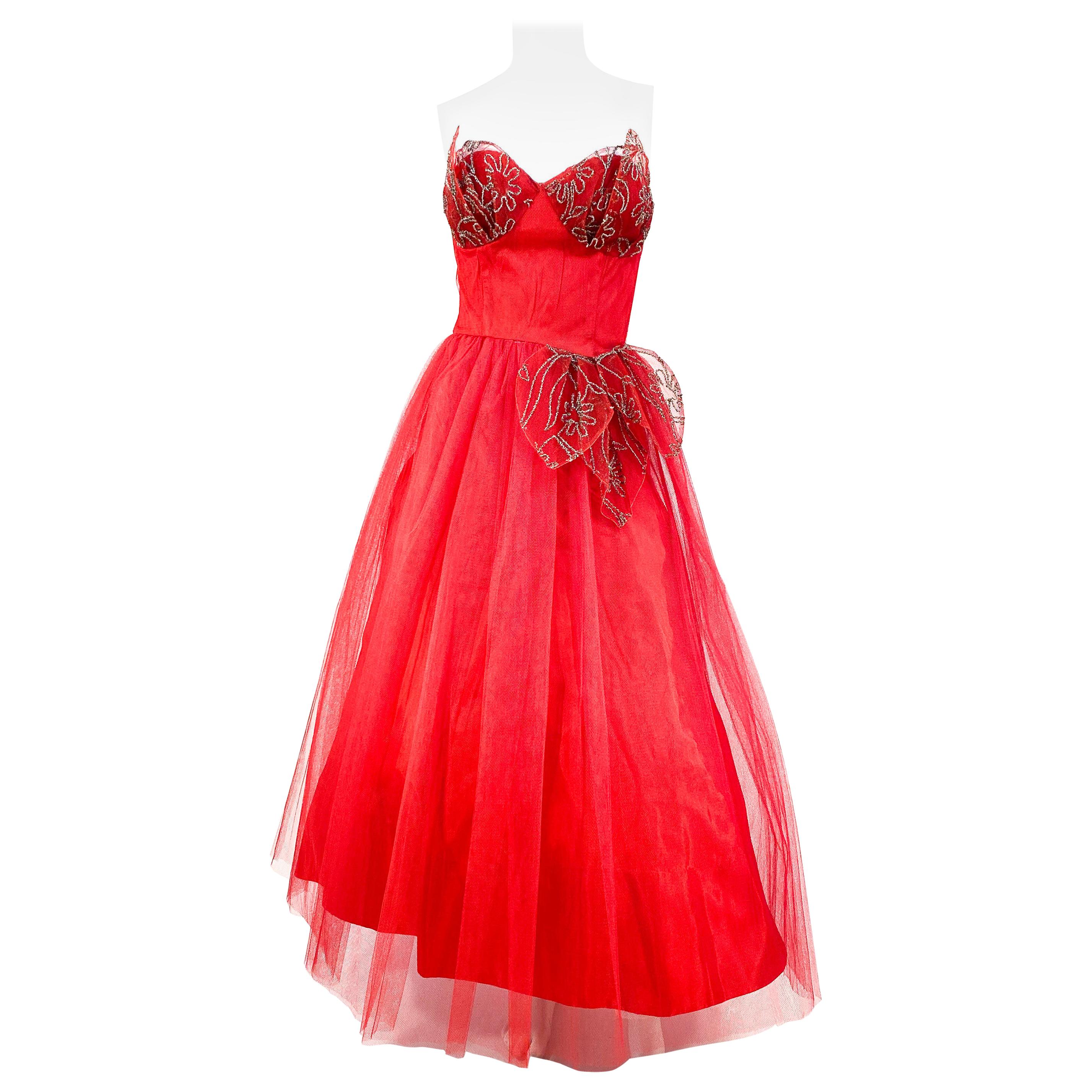 1950s Red Tulle Party Dress with Metallic Embroidered Petal Accents