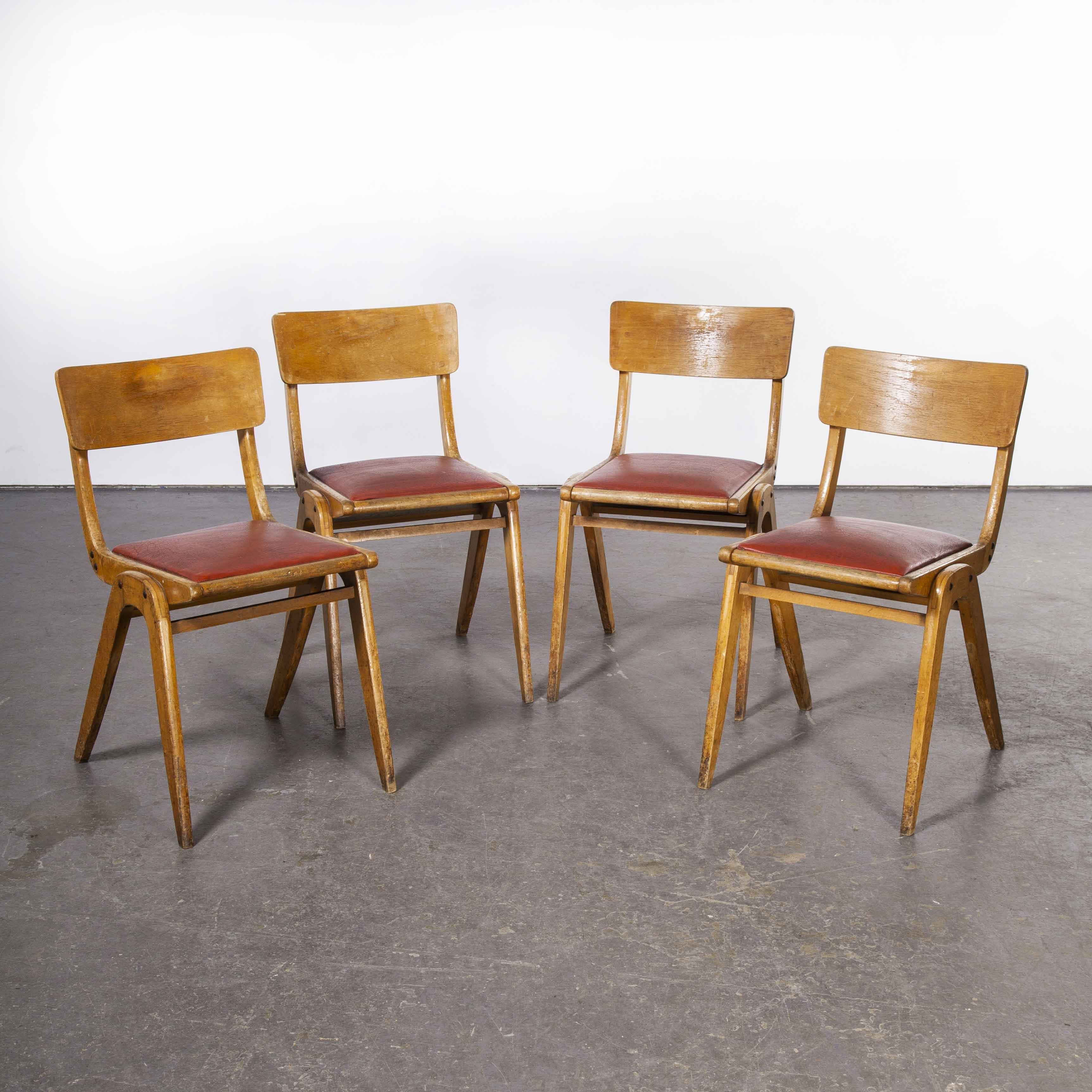 1950’s red upholstered bistro chairs – set of four

1950’s red upholstered bistro chairs – set of four. An iconic fifties chair seen throughout the British Isles but these days getting harder to find. We have seen a number of similar models no our
