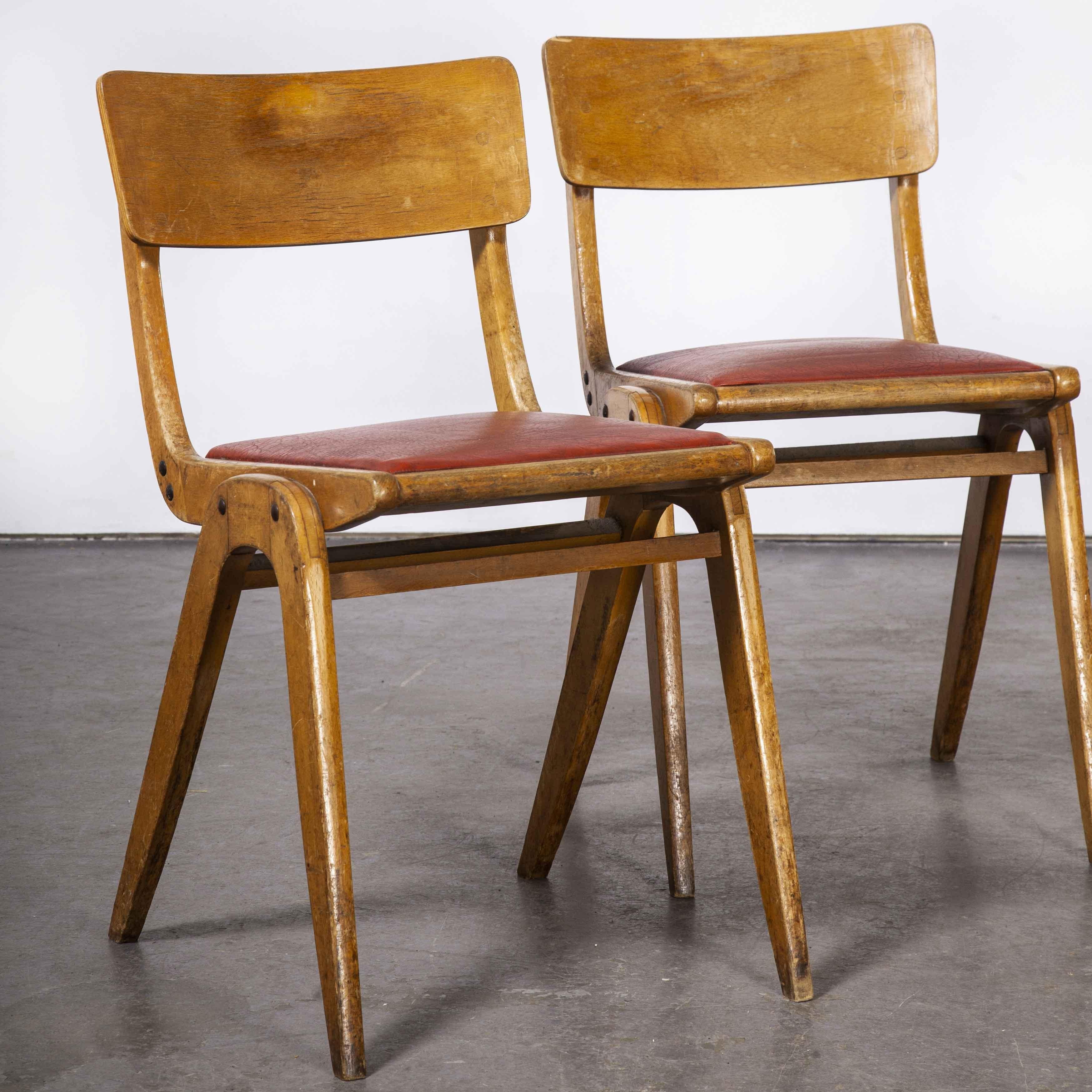 European 1950's Red Upholstered Bistro Chairs, Set of Four