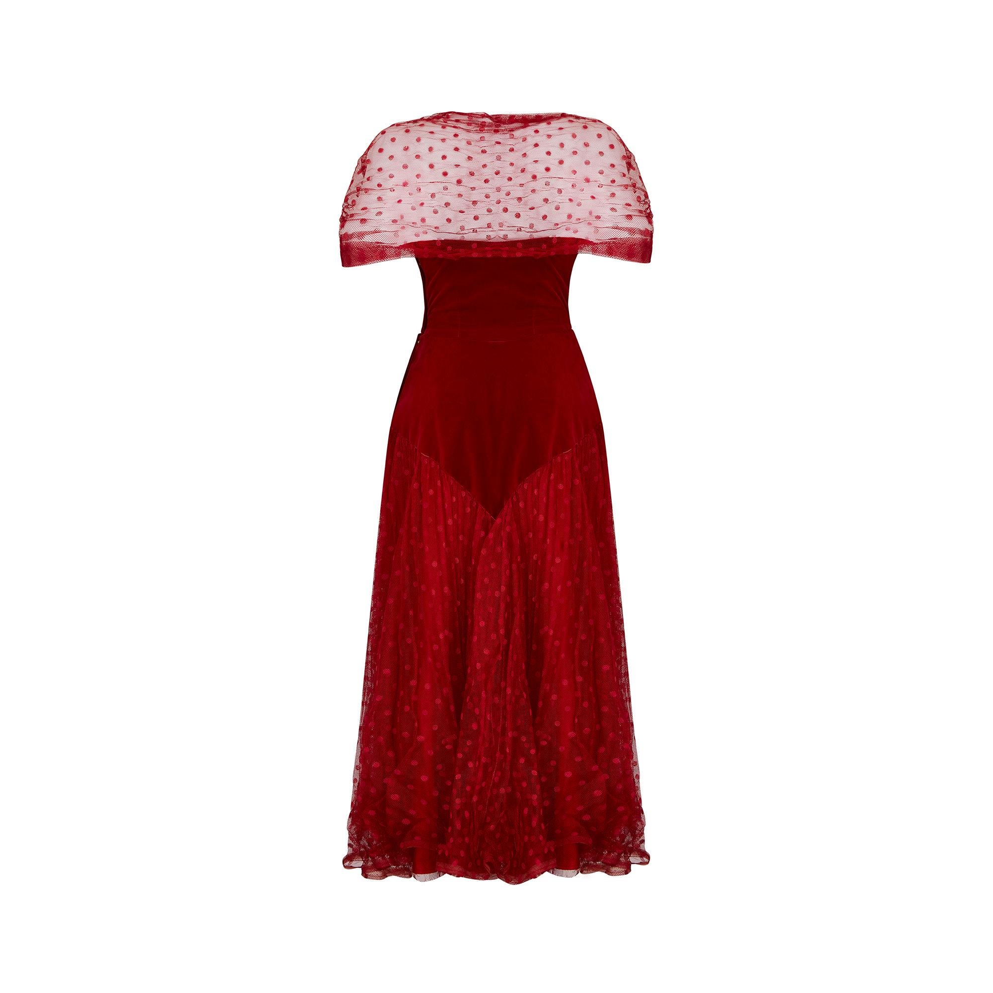 1950s Red Velvet and Swiss Dot Tulle Dress In Excellent Condition In London, GB