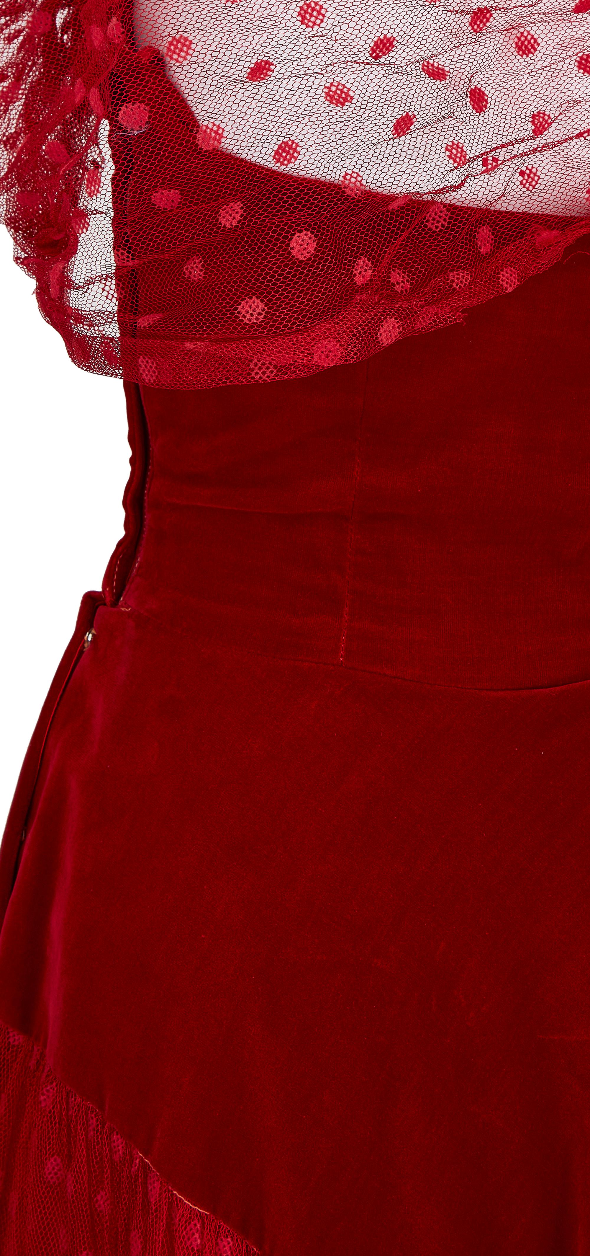 Women's 1950s Red Velvet and Swiss Dot Tulle Dress