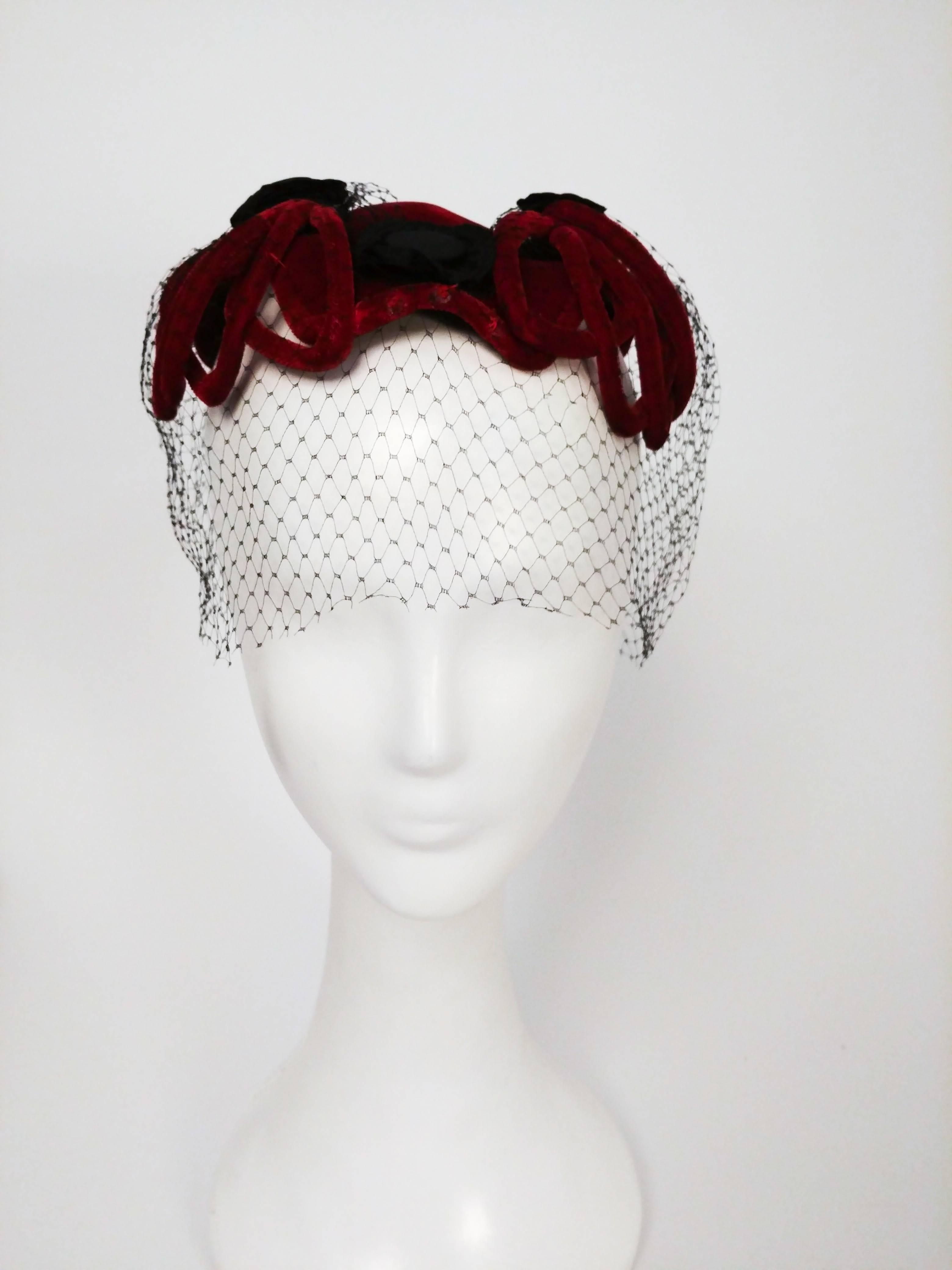 1950s Red Velvet Cocktail Hat w/ Veil. 