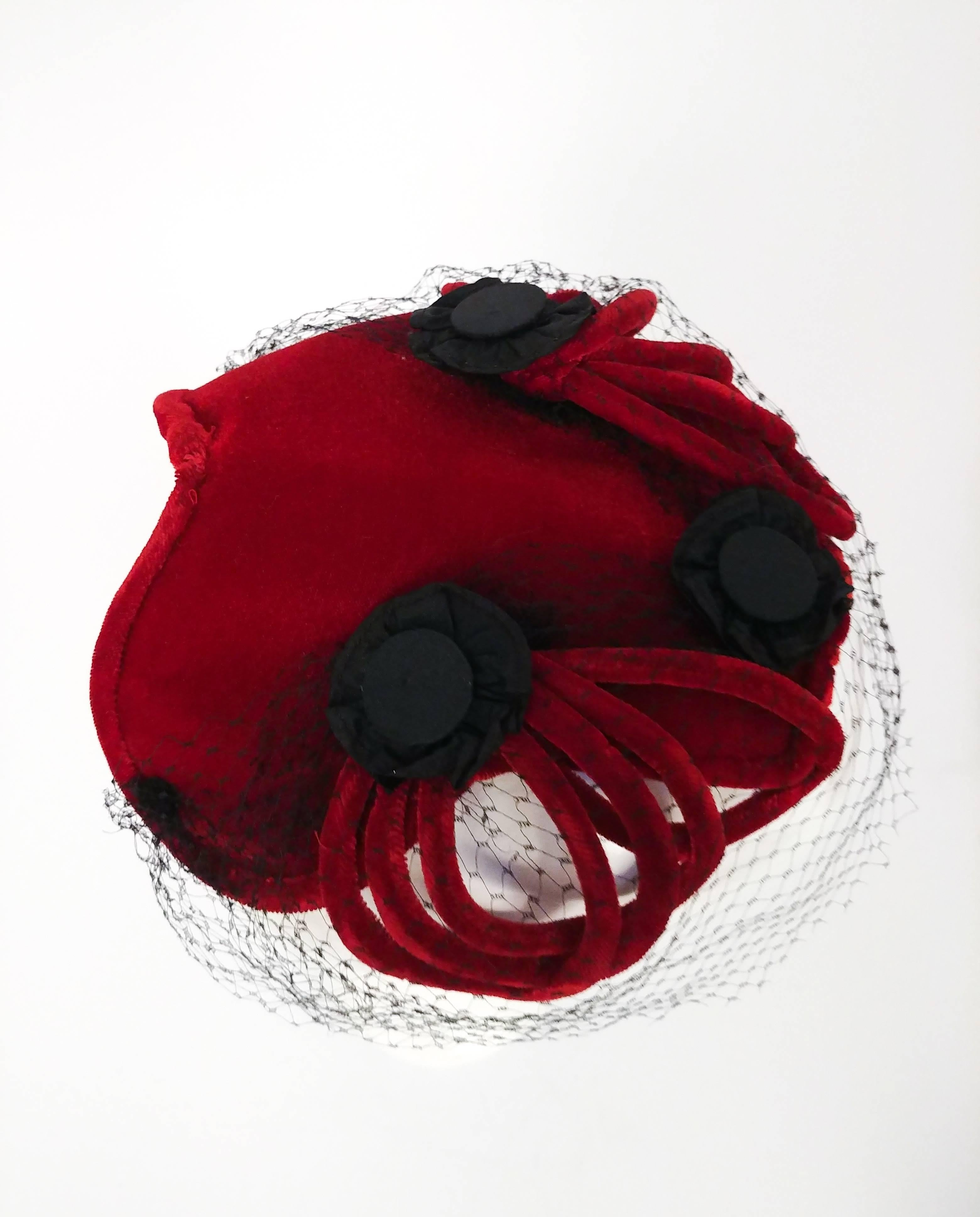 Gray 1950s Red Velvet Cocktail Hat w/ Veil