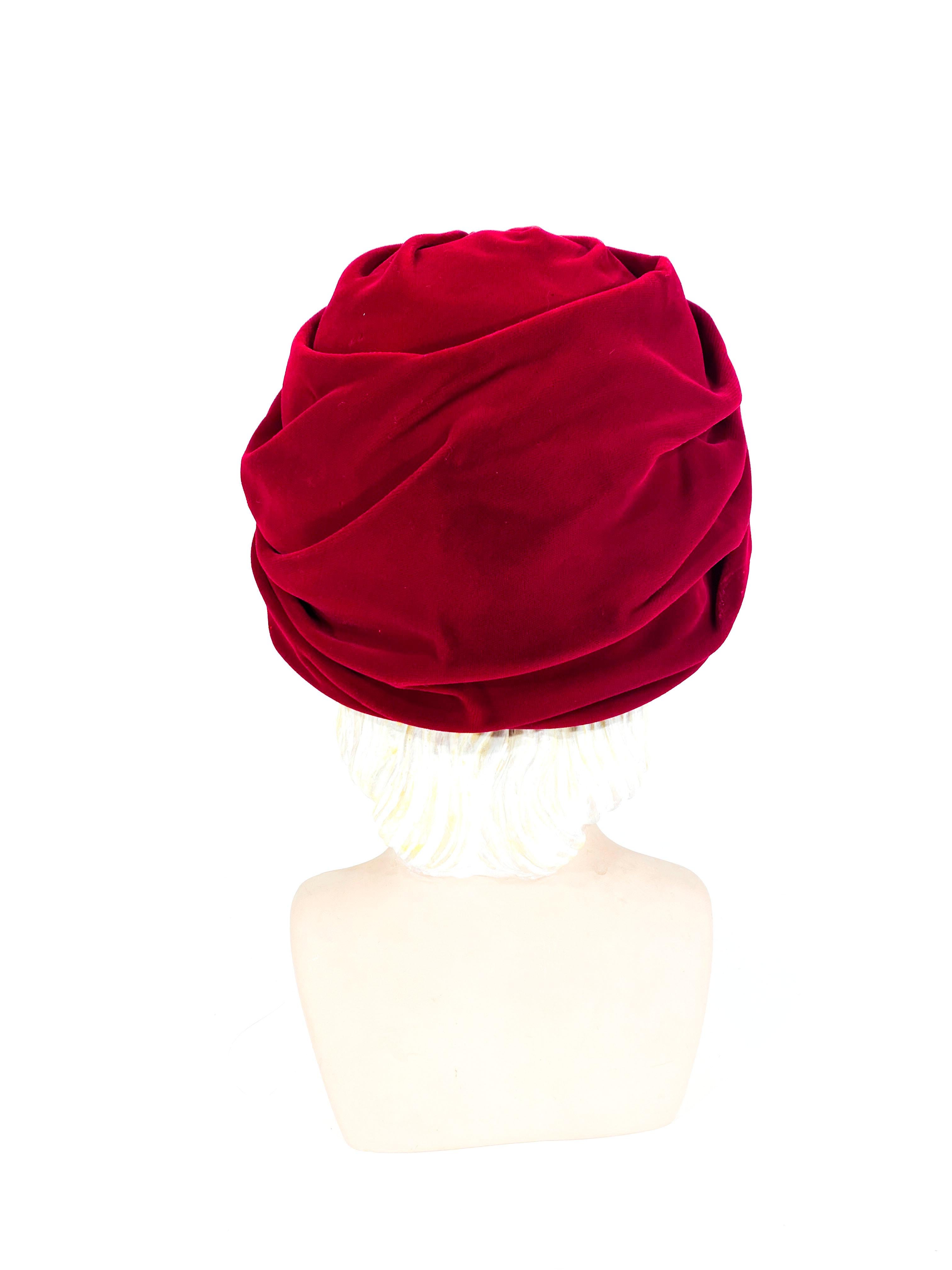 1950s Red Velvet Turban With Brass Ornament  In Good Condition In San Francisco, CA