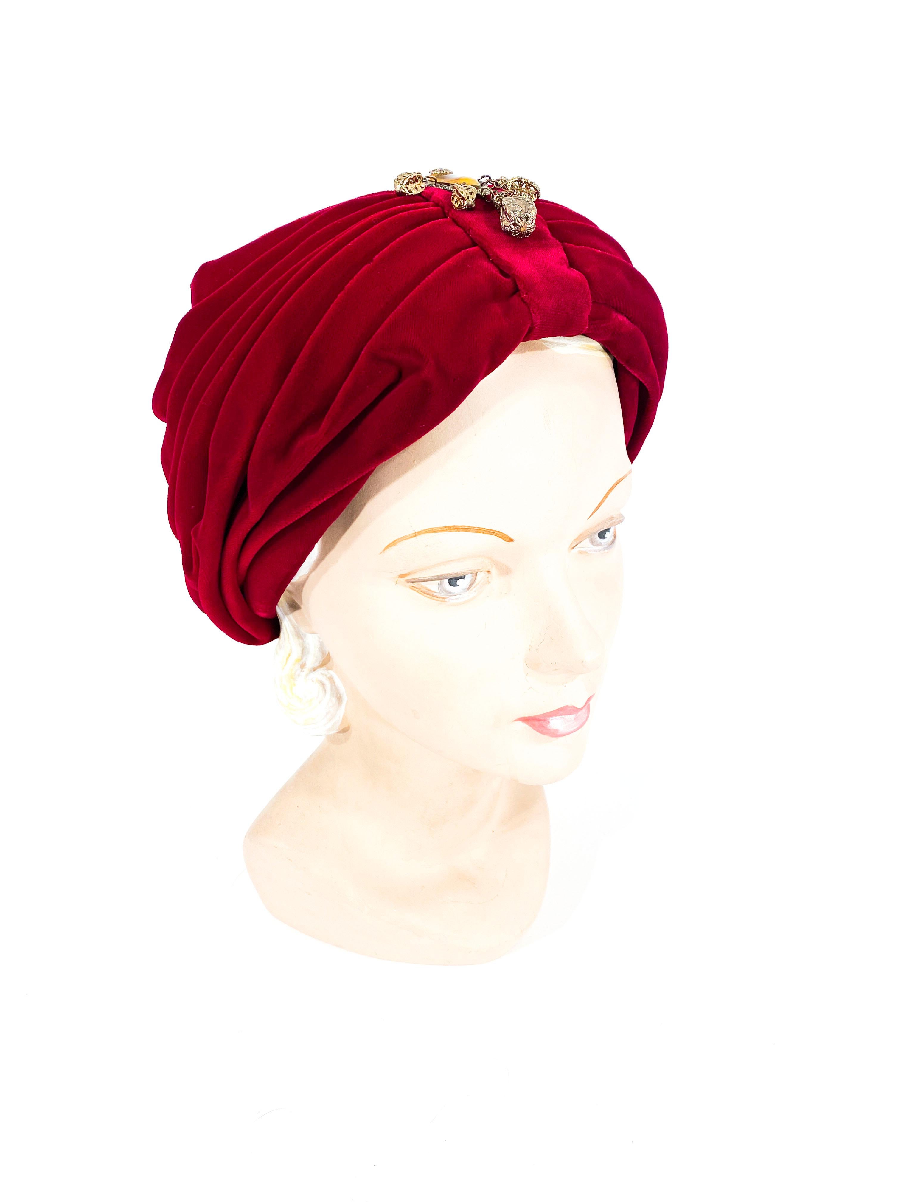 1950s Red Velvet Turban With Brass Ornament  2