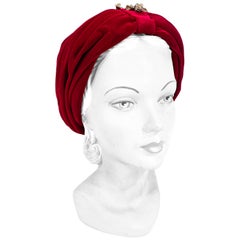 Vintage 1950s Red Velvet Turban With Brass Ornament 