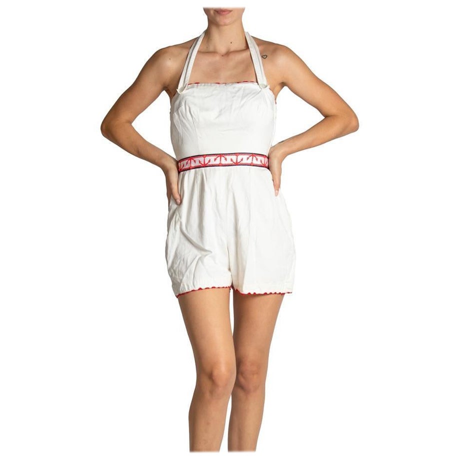 Grenouillère en coton rouge, blanc et bleu des années 1950