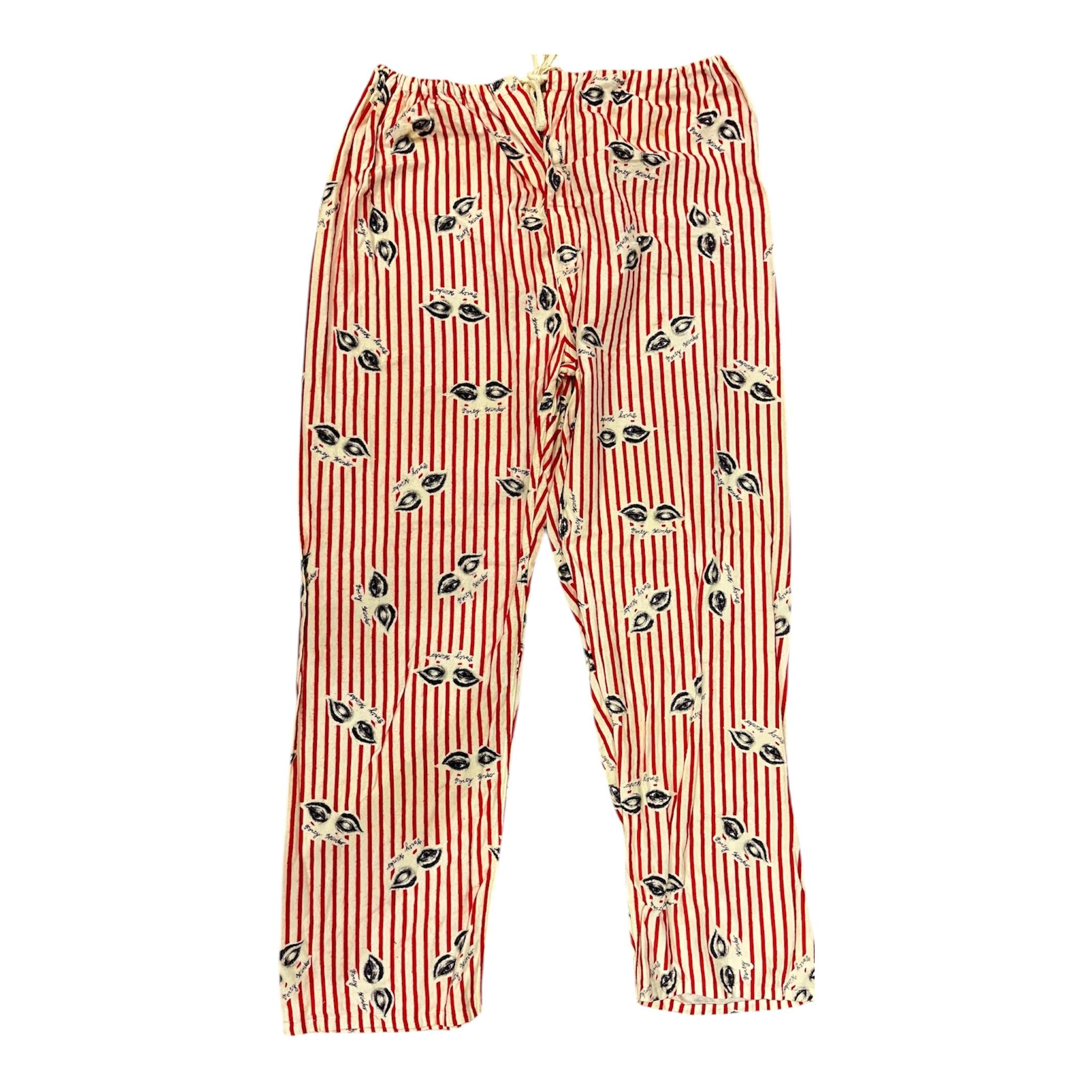 Pyjama 2 pièces des années 1950 à rayures rouges et blanches avec impression d'yeux 