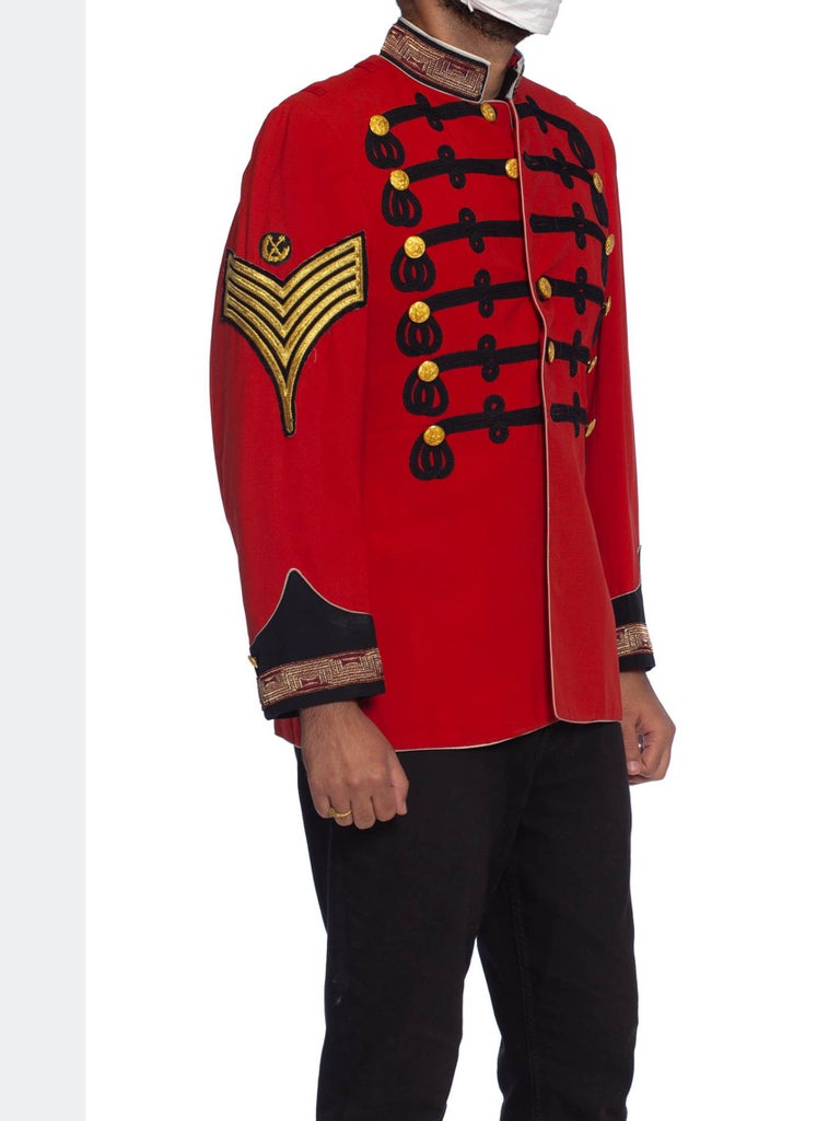 1950S Red Wool Men's Formal Military Jacket With Black and Gold Trim