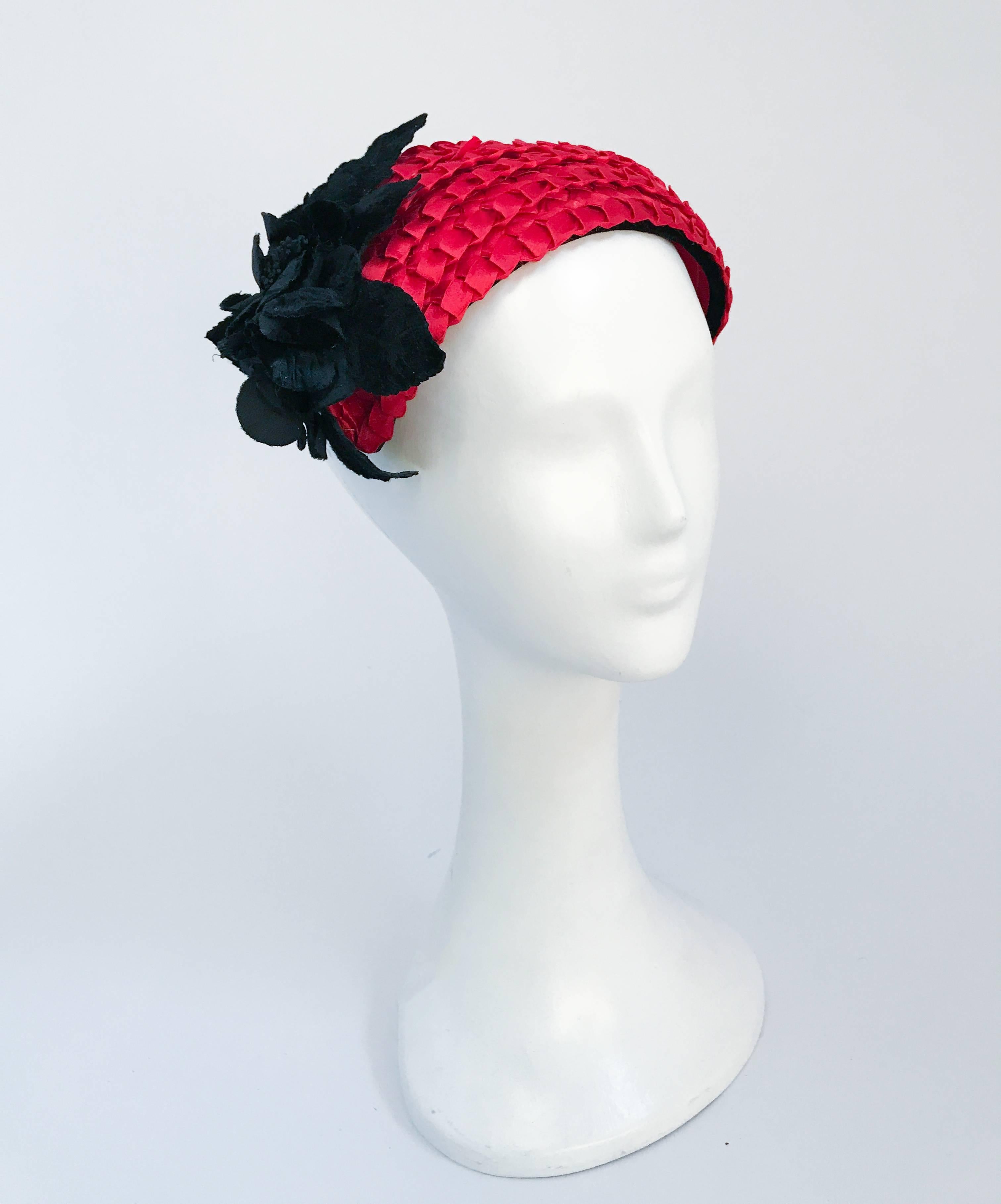 1950's Red Woven Straw Cocktail Hat with Black Velvet Flower. Red woven straw cocktail hat with black velvet trim and flower accent. Open-sized.