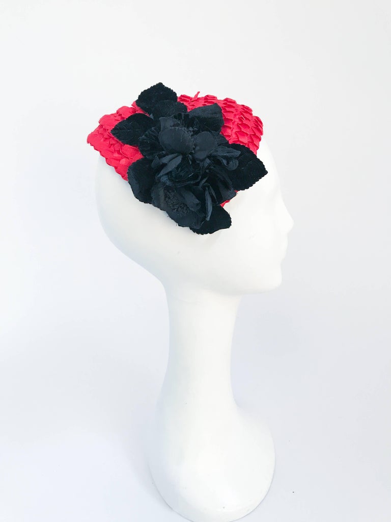 1950's Red Woven Straw Cocktail Hat with Black Velvet Flower For Sale ...
