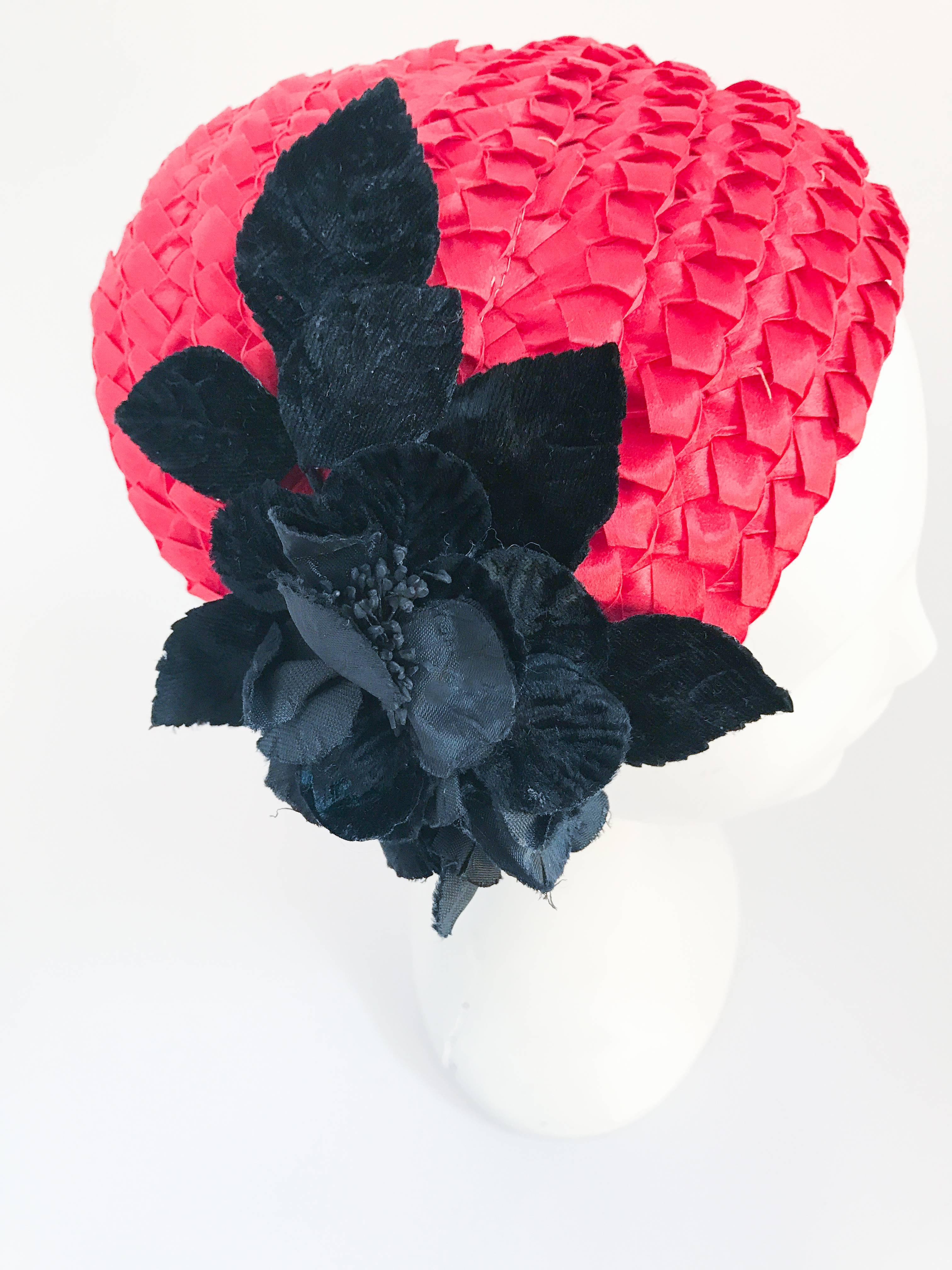 Women's 1950's Red Woven Straw Cocktail Hat with Black Velvet Flower
