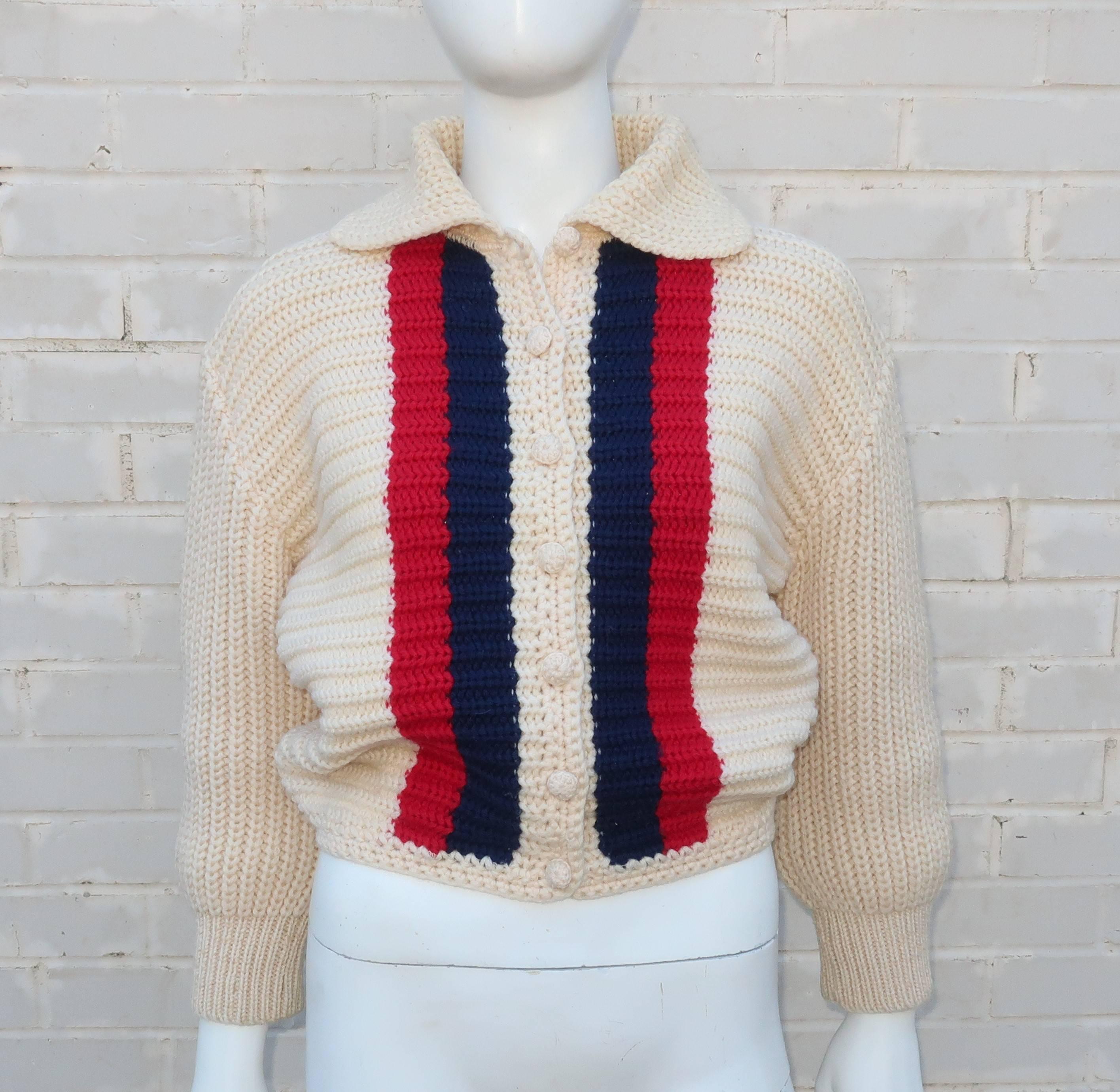 red white and blue cardigan
