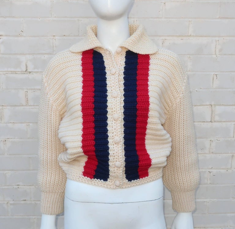 1950s Red, White and Blue ‘Bulkies’ Cropped Wool Cardigan Sweater For ...