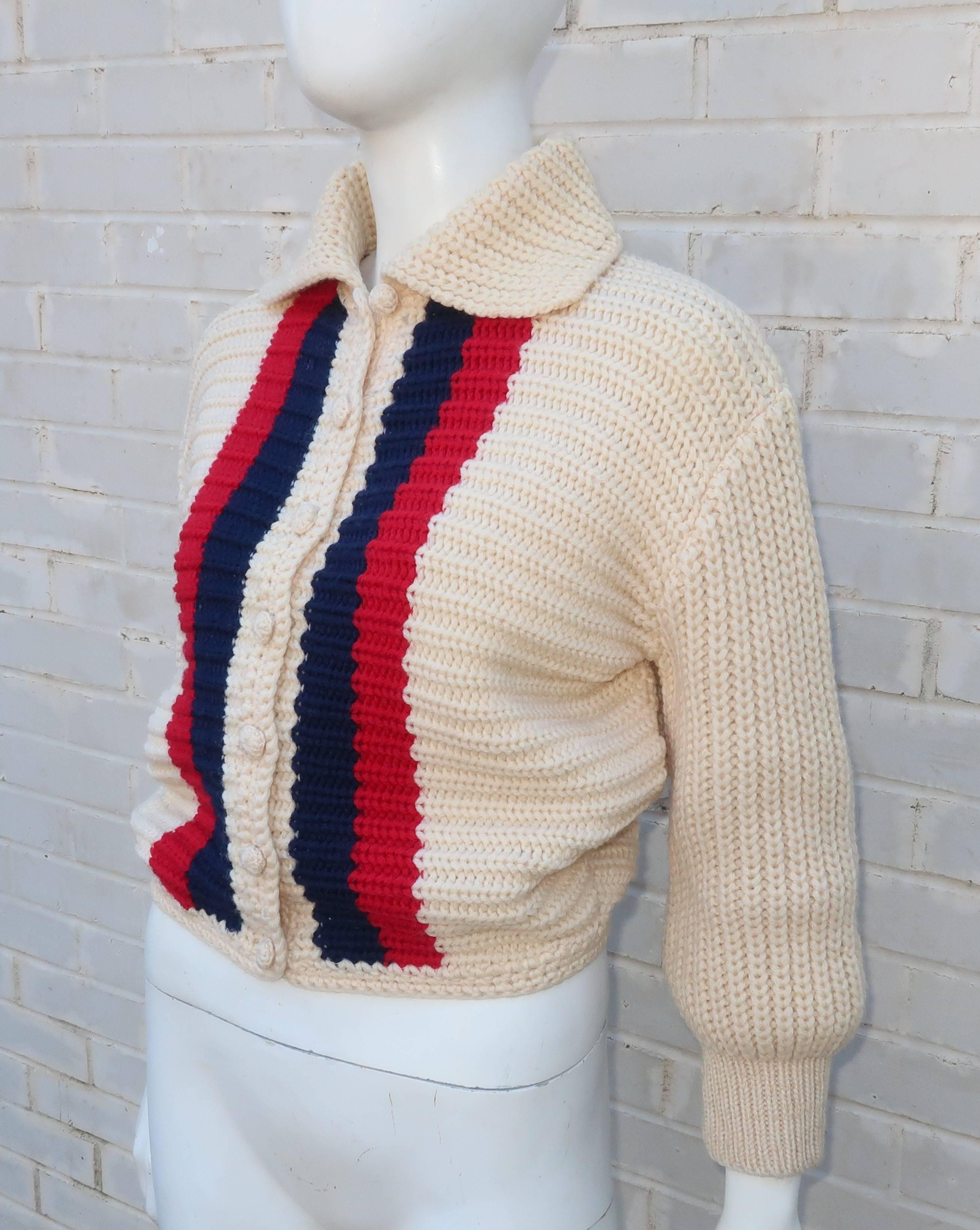 Beige 1950s Red, White & Blue ‘Bulkies’ Cropped Wool Cardigan Sweater