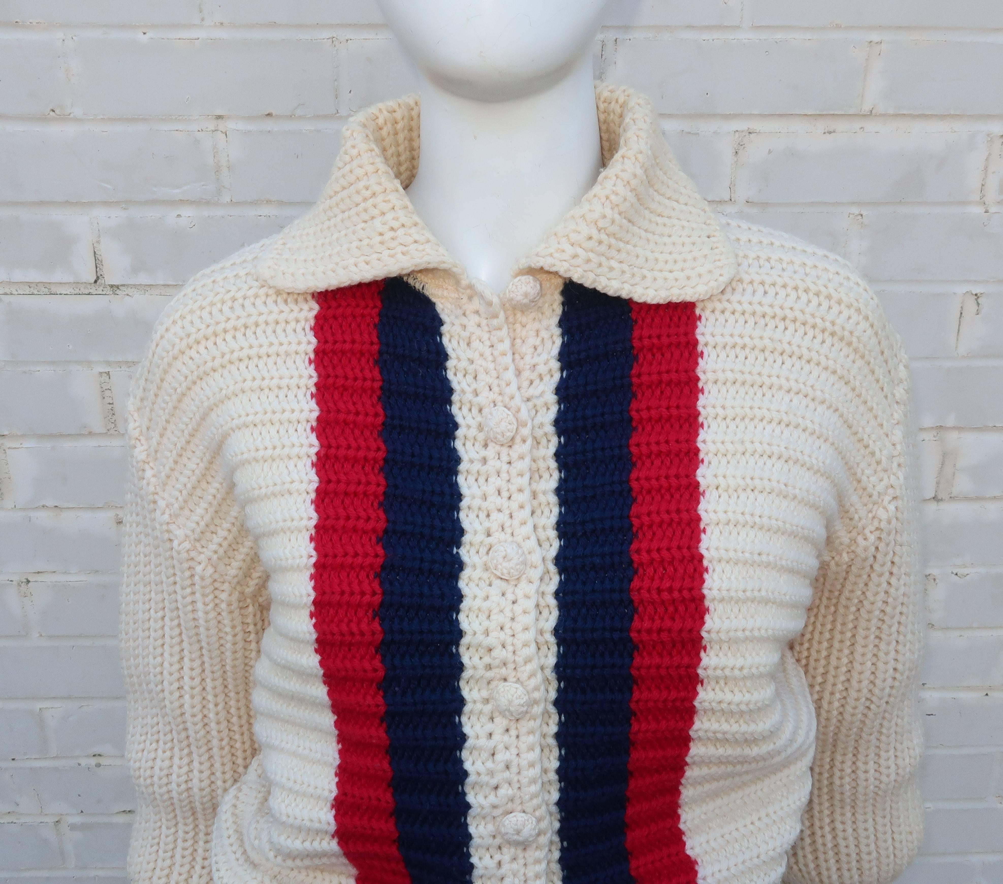 1950s Red, White & Blue ‘Bulkies’ Cropped Wool Cardigan Sweater In Excellent Condition In Atlanta, GA