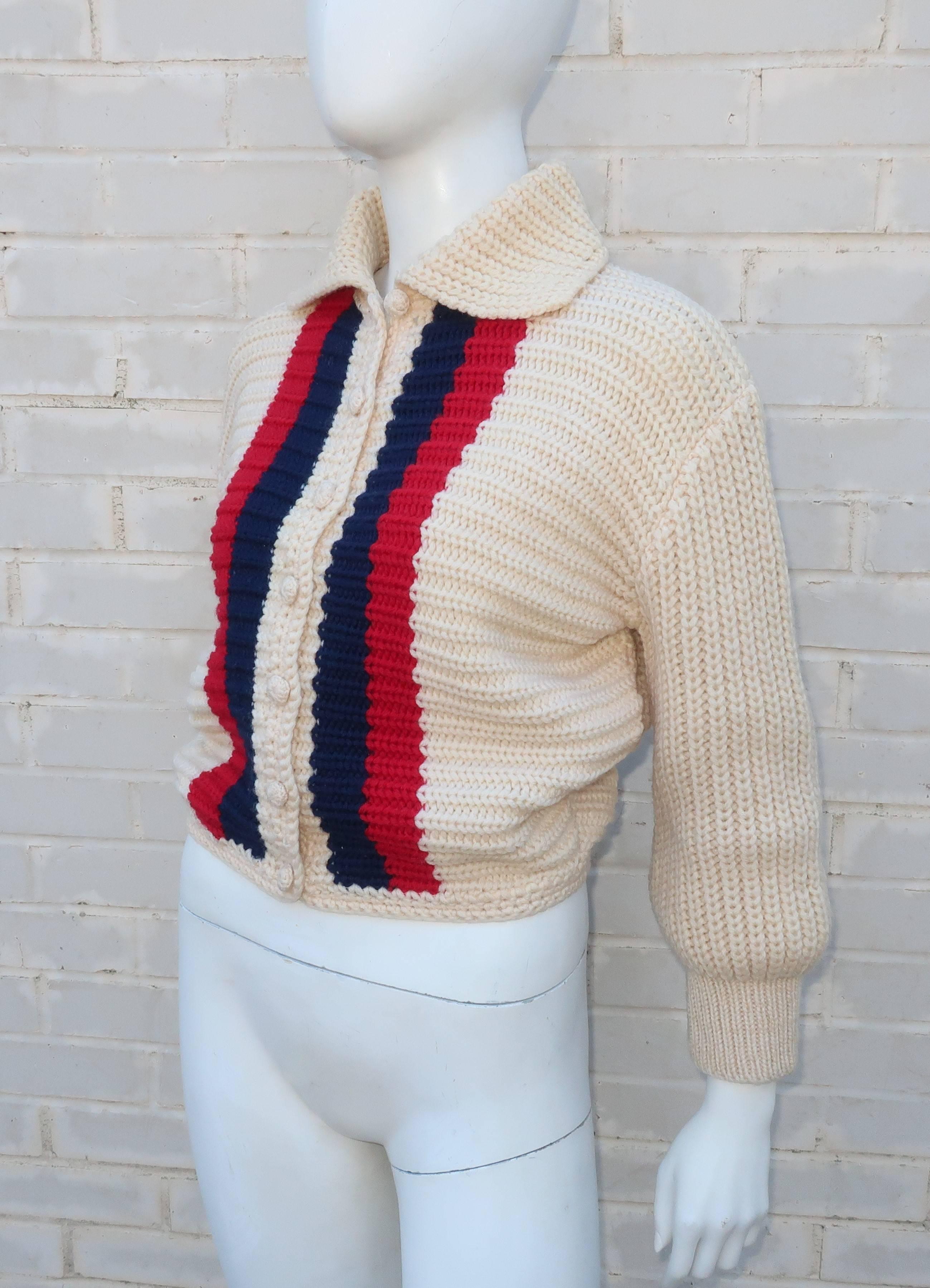 Women's 1950s Red, White & Blue ‘Bulkies’ Cropped Wool Cardigan Sweater