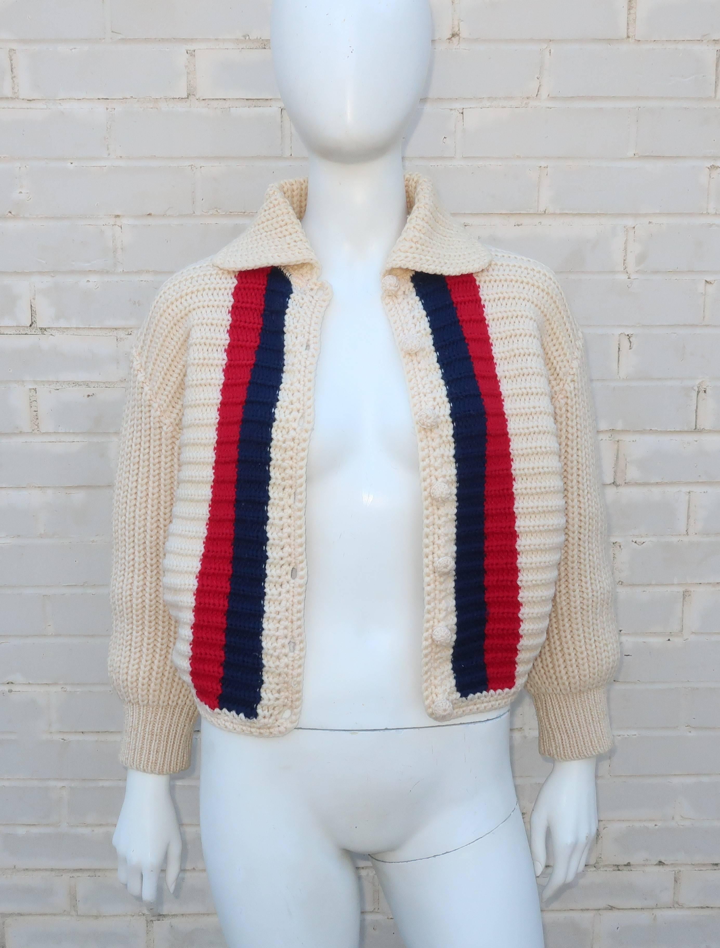 1950s Red, White & Blue ‘Bulkies’ Cropped Wool Cardigan Sweater 2