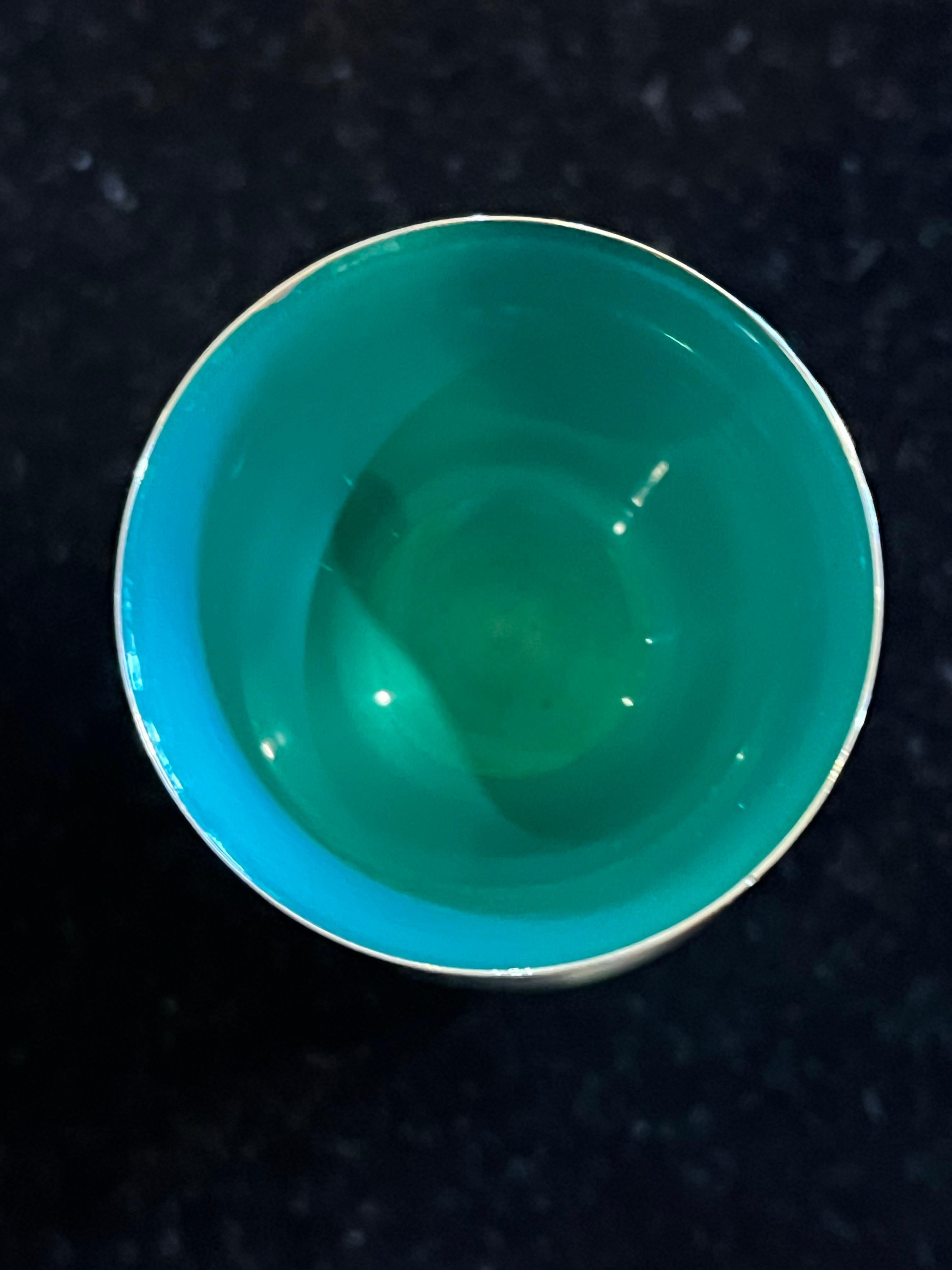 1950 Reed & Barton Double Jigger Cup Red -Teal Green Enamel- Silver Plated #231 circa 1950's gear condition except small chip inside the red side as shown very rare and collectible piece.