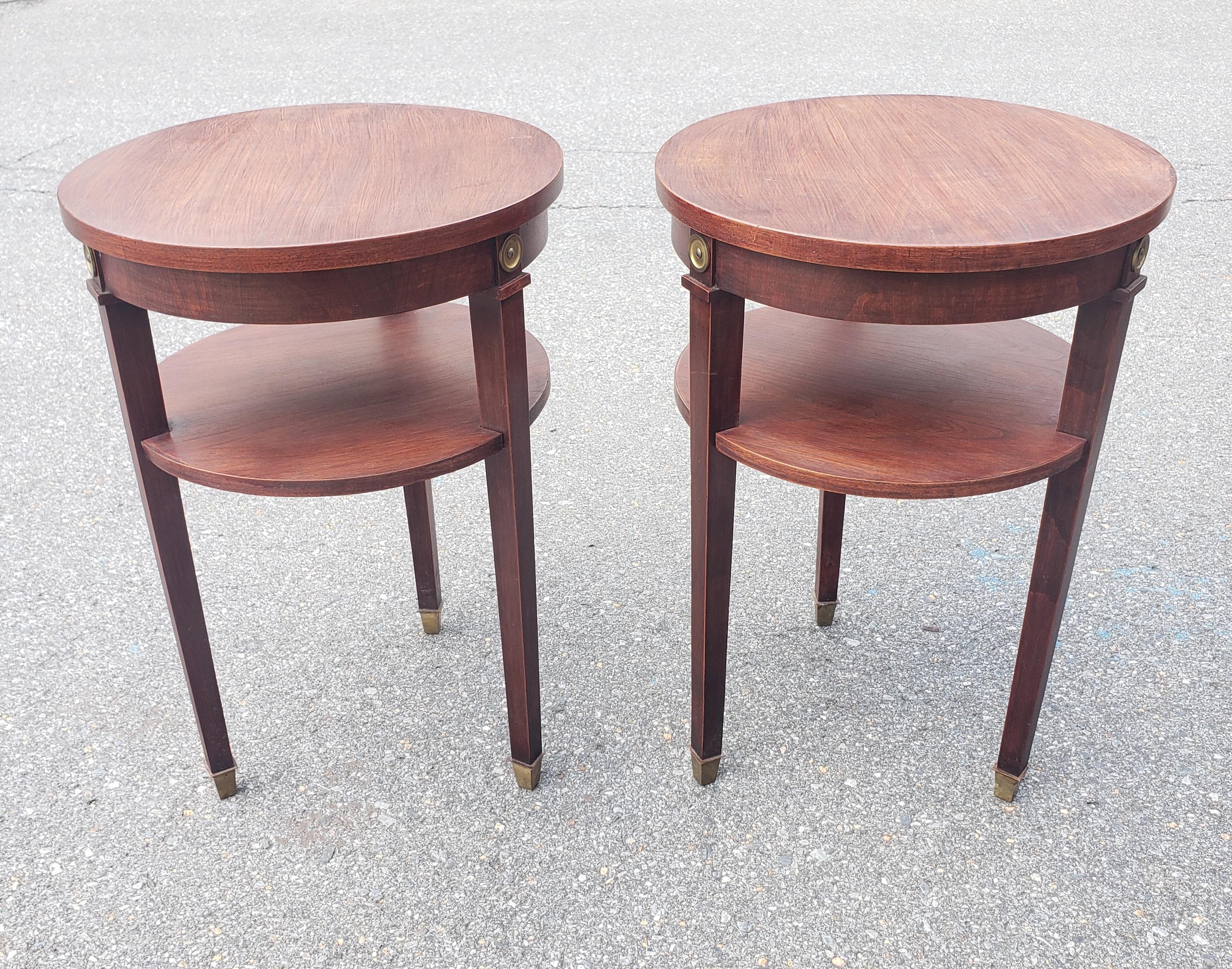 Mid-Century Modern 1950s Refinished Mahogany 2-Tier Round Candle Stand with Brass Capped Legs, Pair For Sale