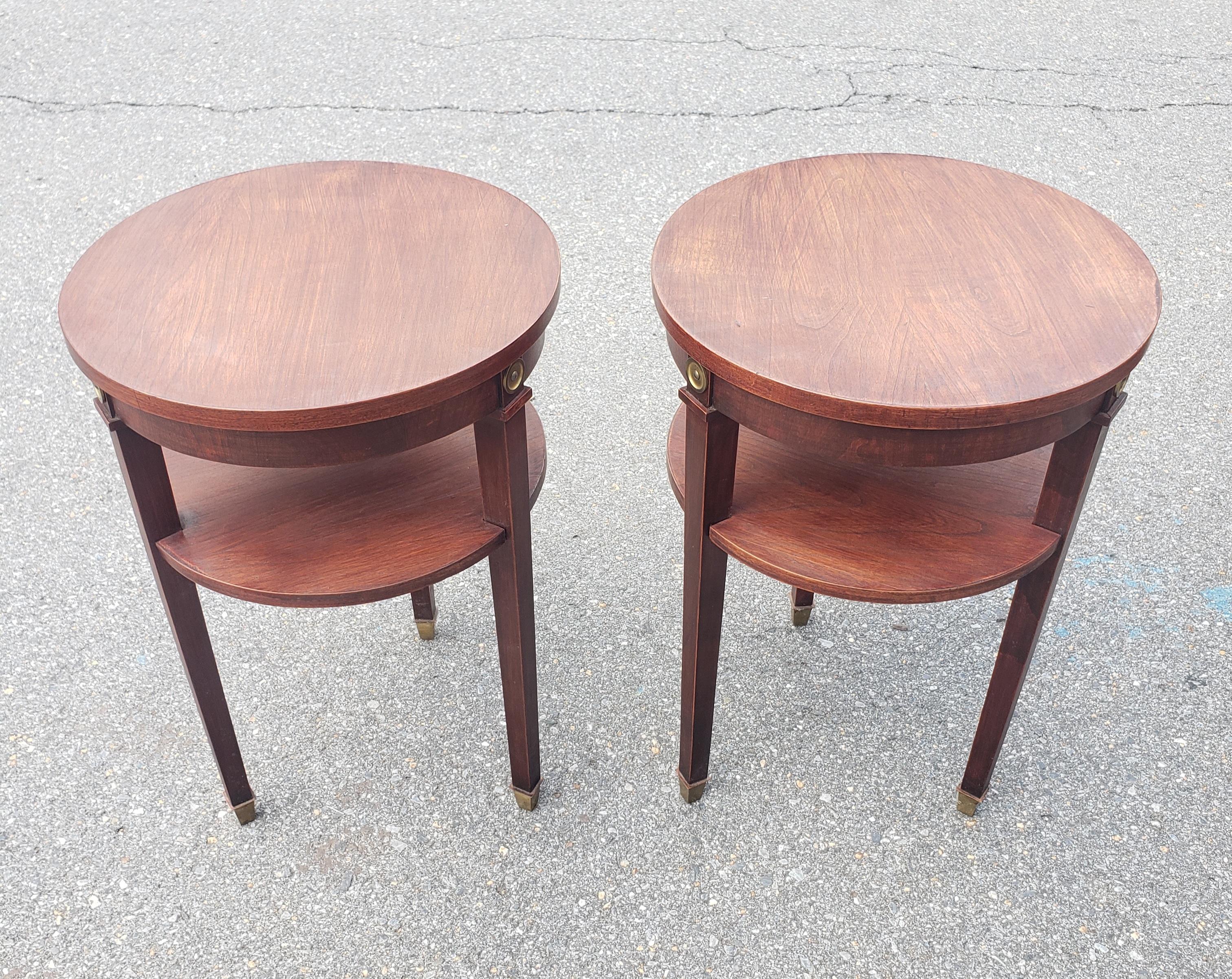 American 1950s Refinished Mahogany 2-Tier Round Candle Stand with Brass Capped Legs, Pair For Sale