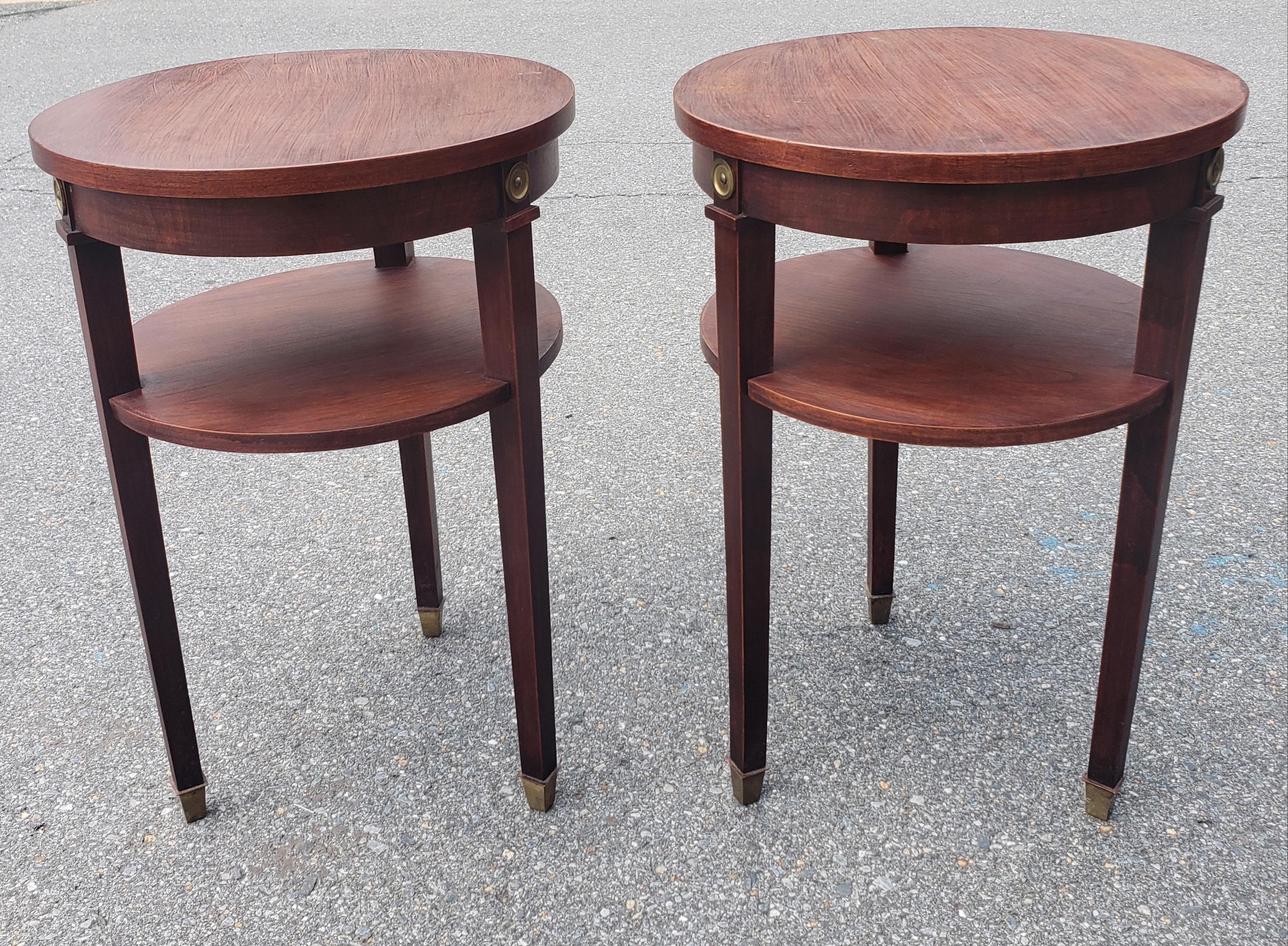 1950s Refinished Mahogany 2-Tier Round Candle Stand with Brass Capped Legs, Pair For Sale 1