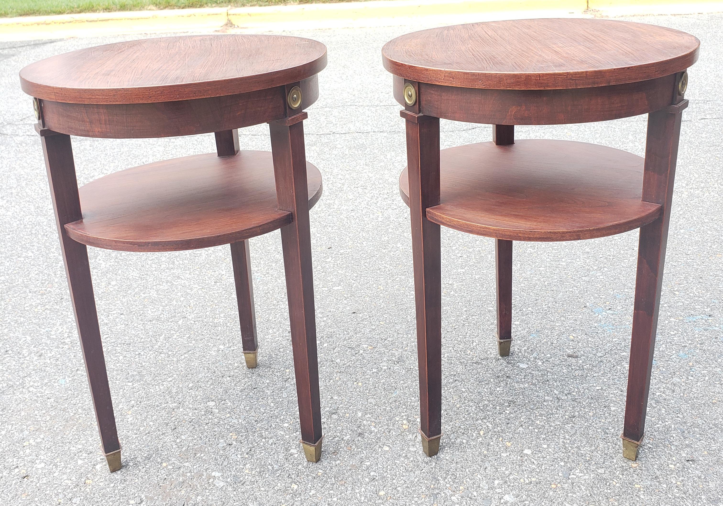 1950s Refinished Mahogany 2-Tier Round Candle Stand with Brass Capped Legs, Pair For Sale 2