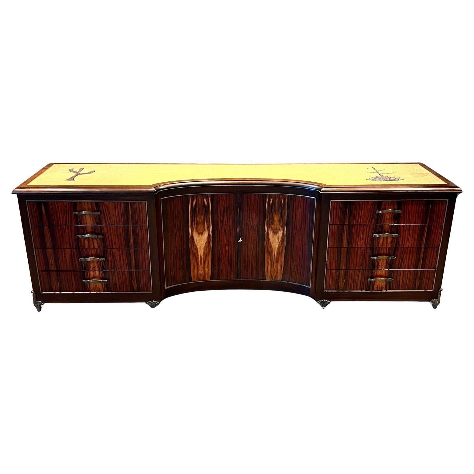 Maßgefertigte Pani-Kommode-Credenza aus Rosenholz mit Blattgold aus Bronze, Mexiko-Stadt, 1950er Jahre