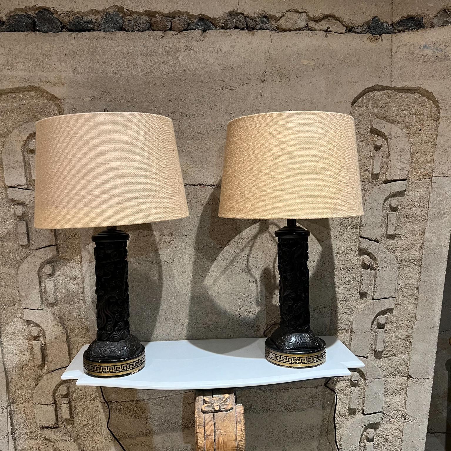 1950s Regency Fine Chinese Handcarved Wood Table Lamp Pair Style of James Mont For Sale 9