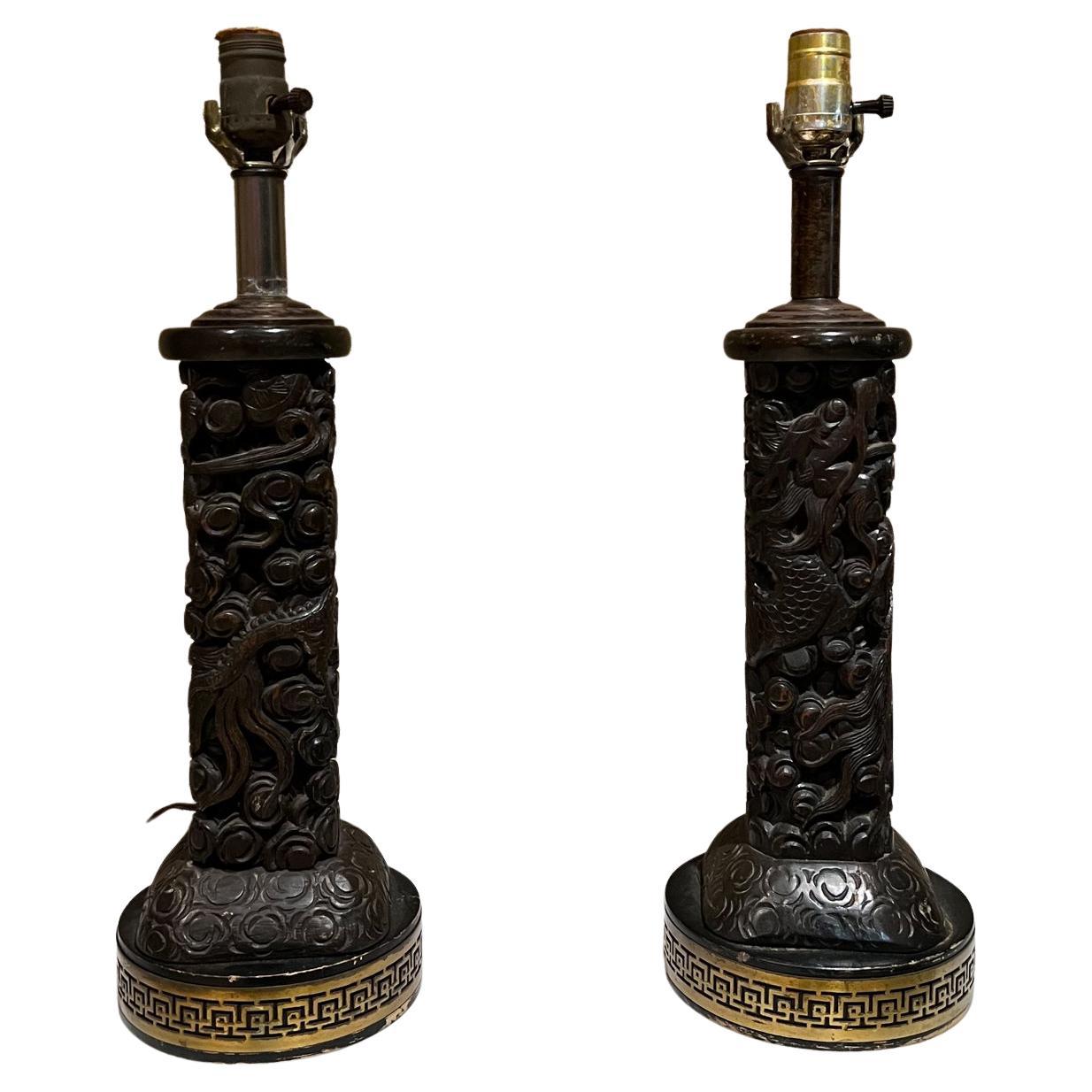 1950s Regency Fine Chinese Handcarved Wood Table Lamp Pair Style of James Mont For Sale
