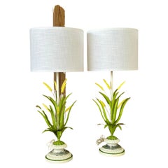 Vintage 1950's Regency Metal Tole Painted Wheat Table Lamps Pair