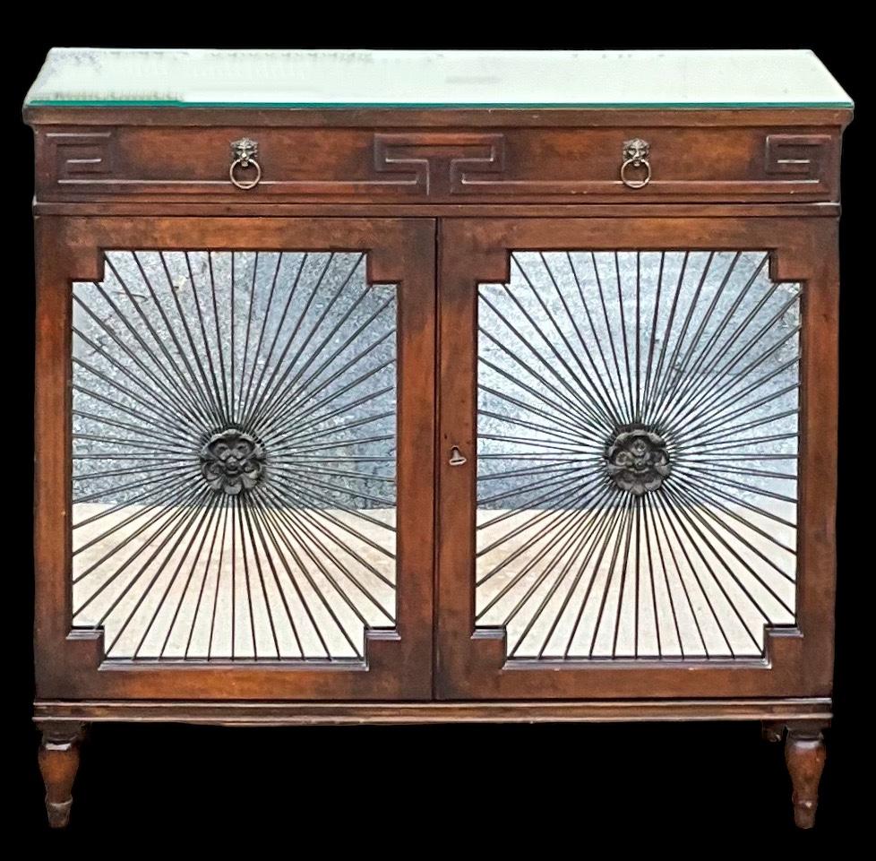 American 1950s Regency Style Mirrored Sunburst Mahogany Greek Key Cabinets - Pair