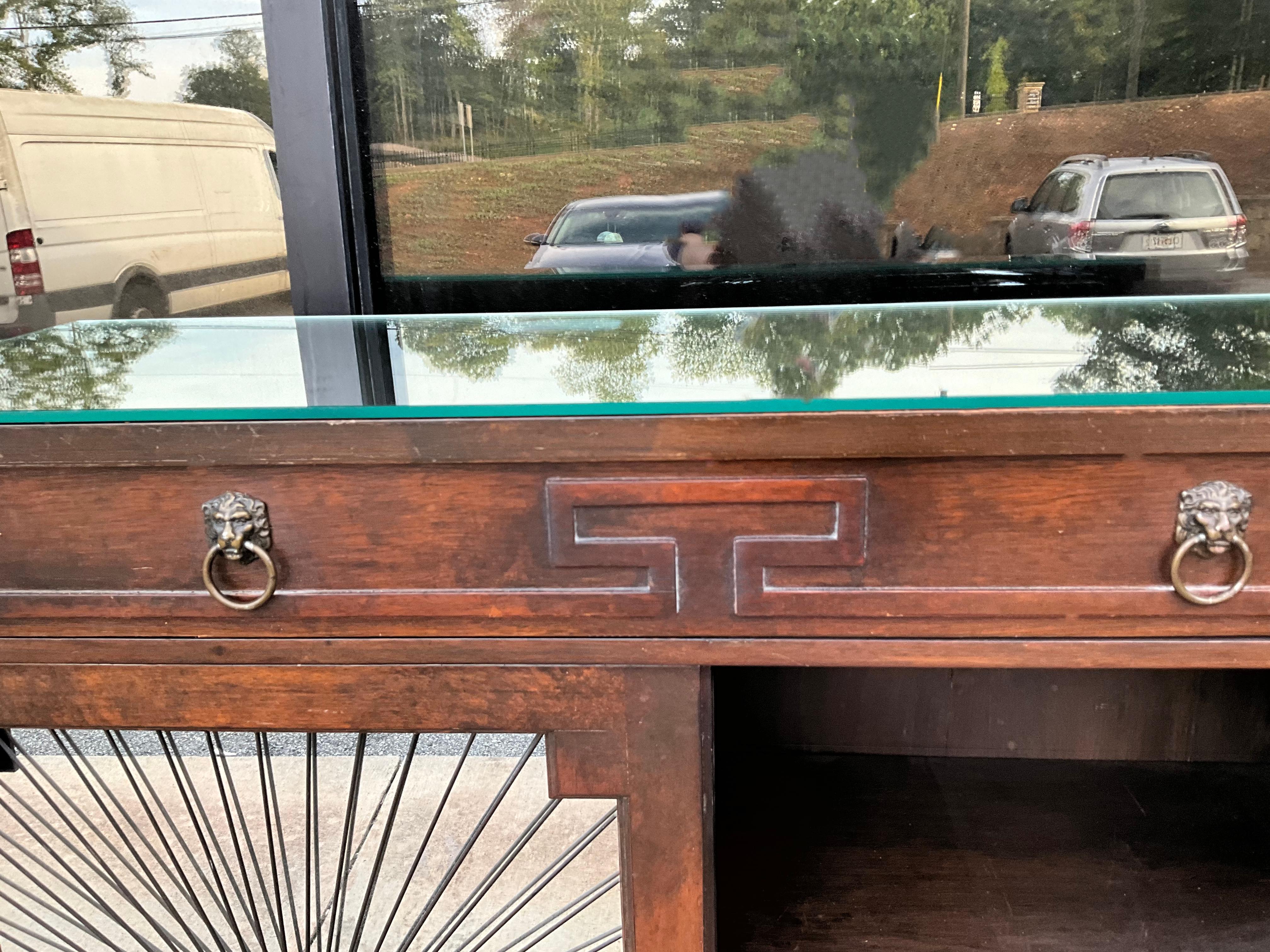 Metal 1950s Regency Style Mirrored Sunburst Mahogany Greek Key Cabinets - Pair