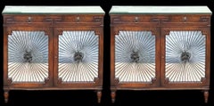 1950s Regency Style Mirrored Sunburst Mahogany Greek Key Cabinets - Pair