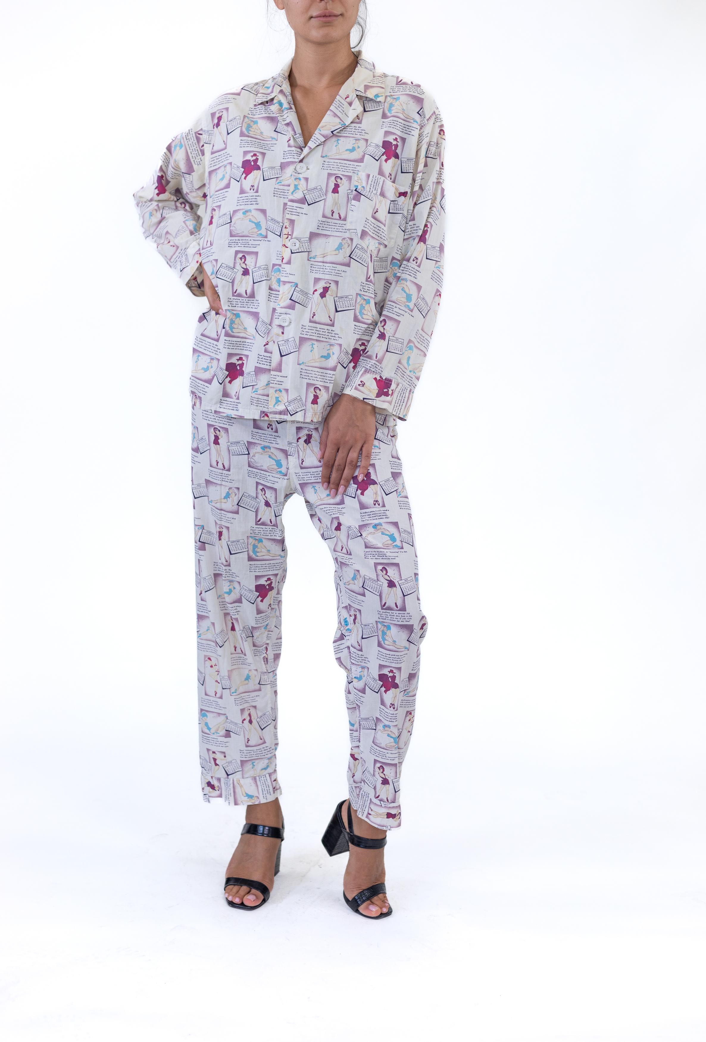 1950er REIS Baumwolle Pin-Up Girl Kalender Druck Pyjamas im Angebot 2