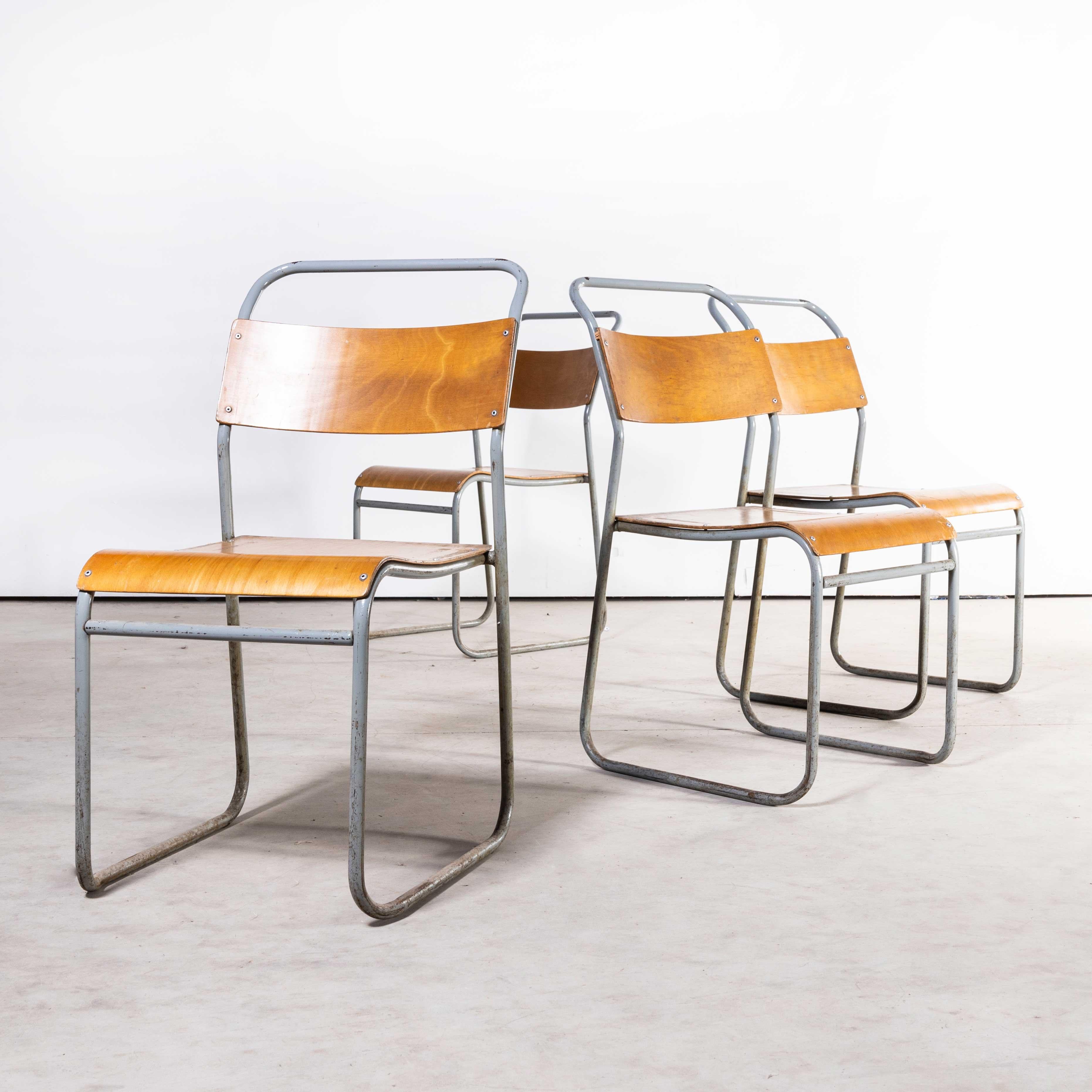 1950’s Remploy Grey tubular metal stacking dining chairs – set of four
1950’s Remploy tubular metal stacking dining chairs – set of four Remploy was established in 1944 by the Disabled Persons (Employment) Act, the aim of which was to provide