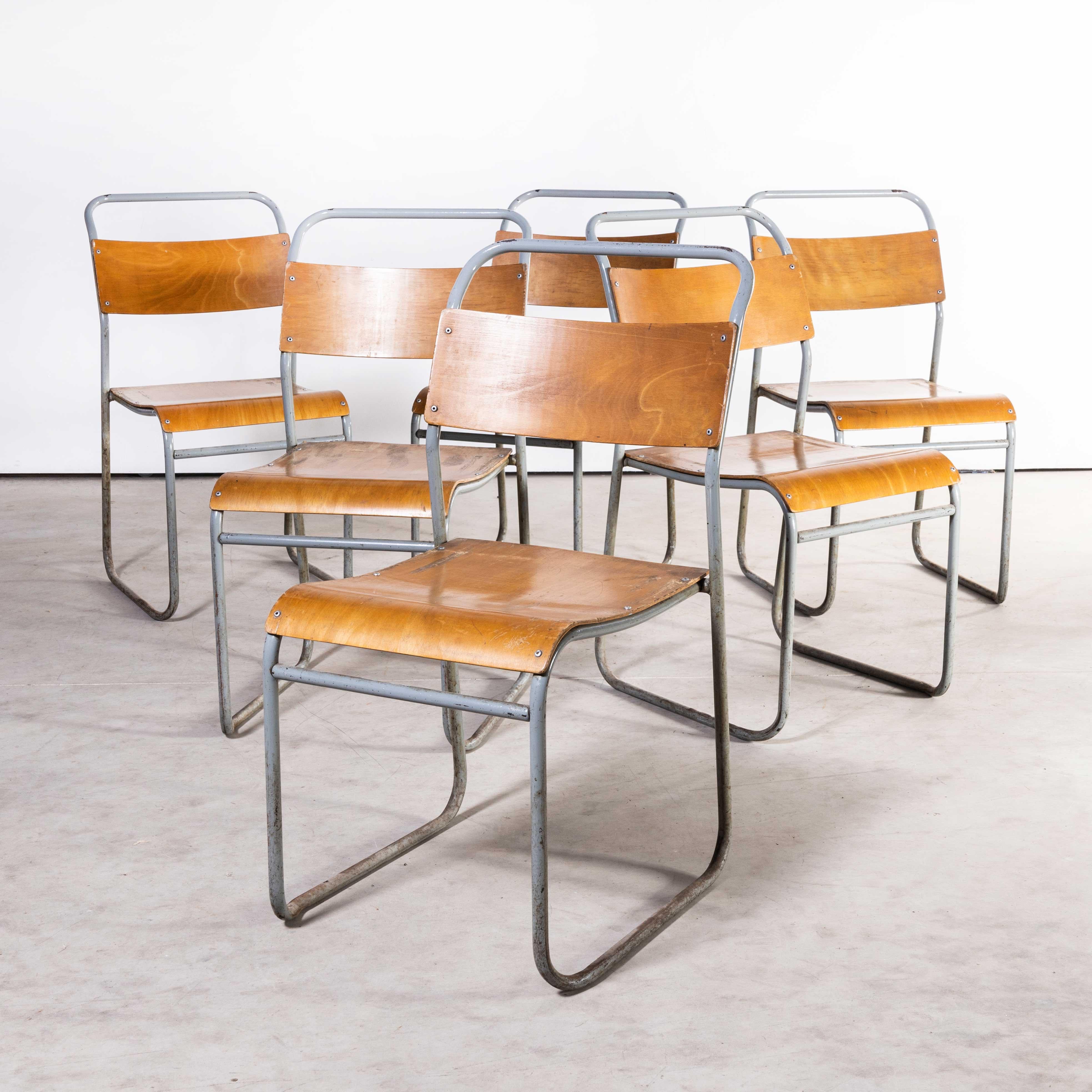 English 1950's Remploy Grey Tubular Metal Stacking Dining Chairs - Set Of Six