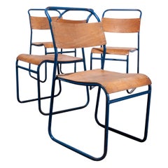 Vintage 1950s Remploy Tubular Metal Stacking Dining Chairs, Set of Four Blue Frame